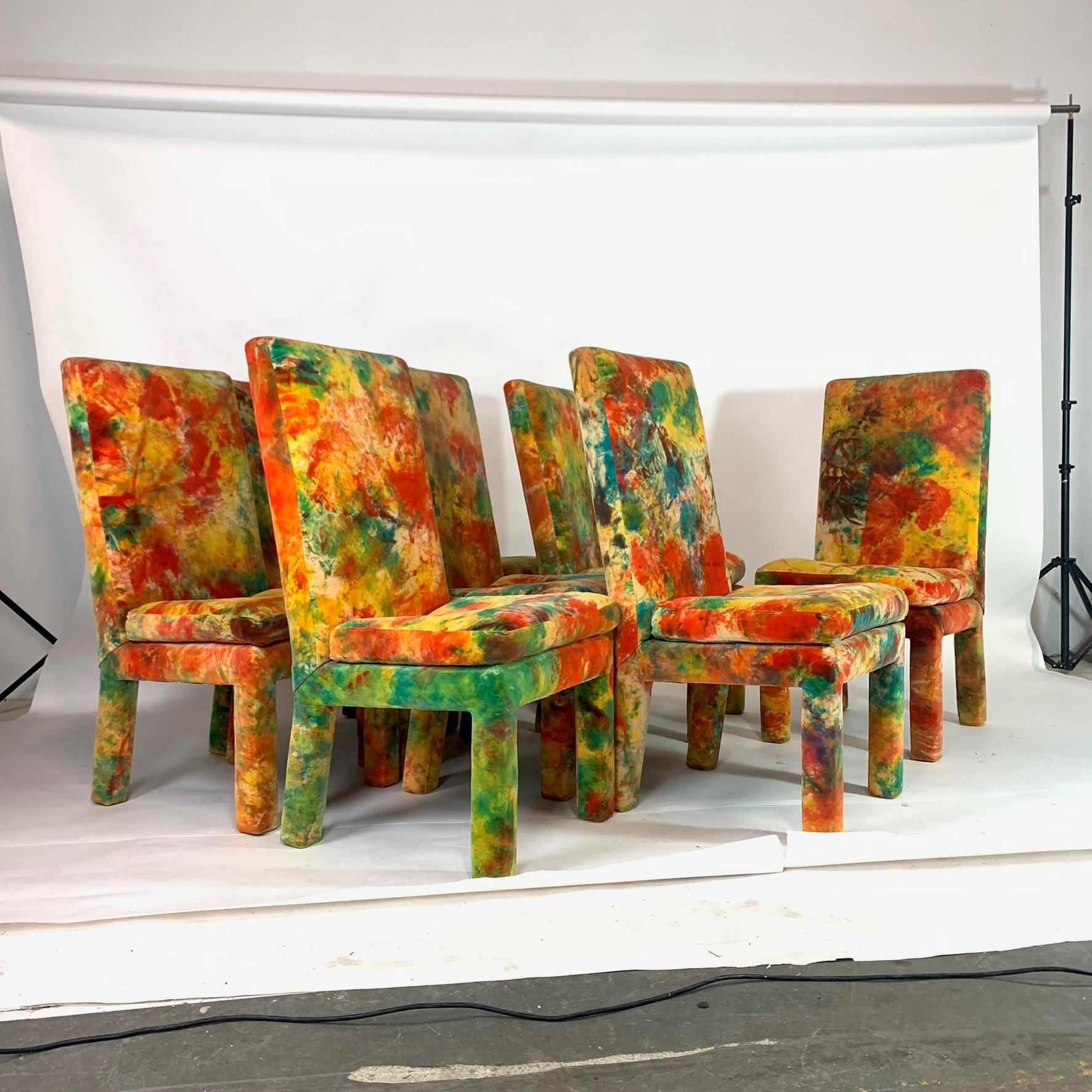 Amazing one of a kind set of Milo Baughman for Thayer Coggin chairs from the 1970s. Upholstered in a very rare Jack Leonor Larsen tie die velvet upholstery. These chairs are stunning in person. A real showstopper! The seats are very soft with high