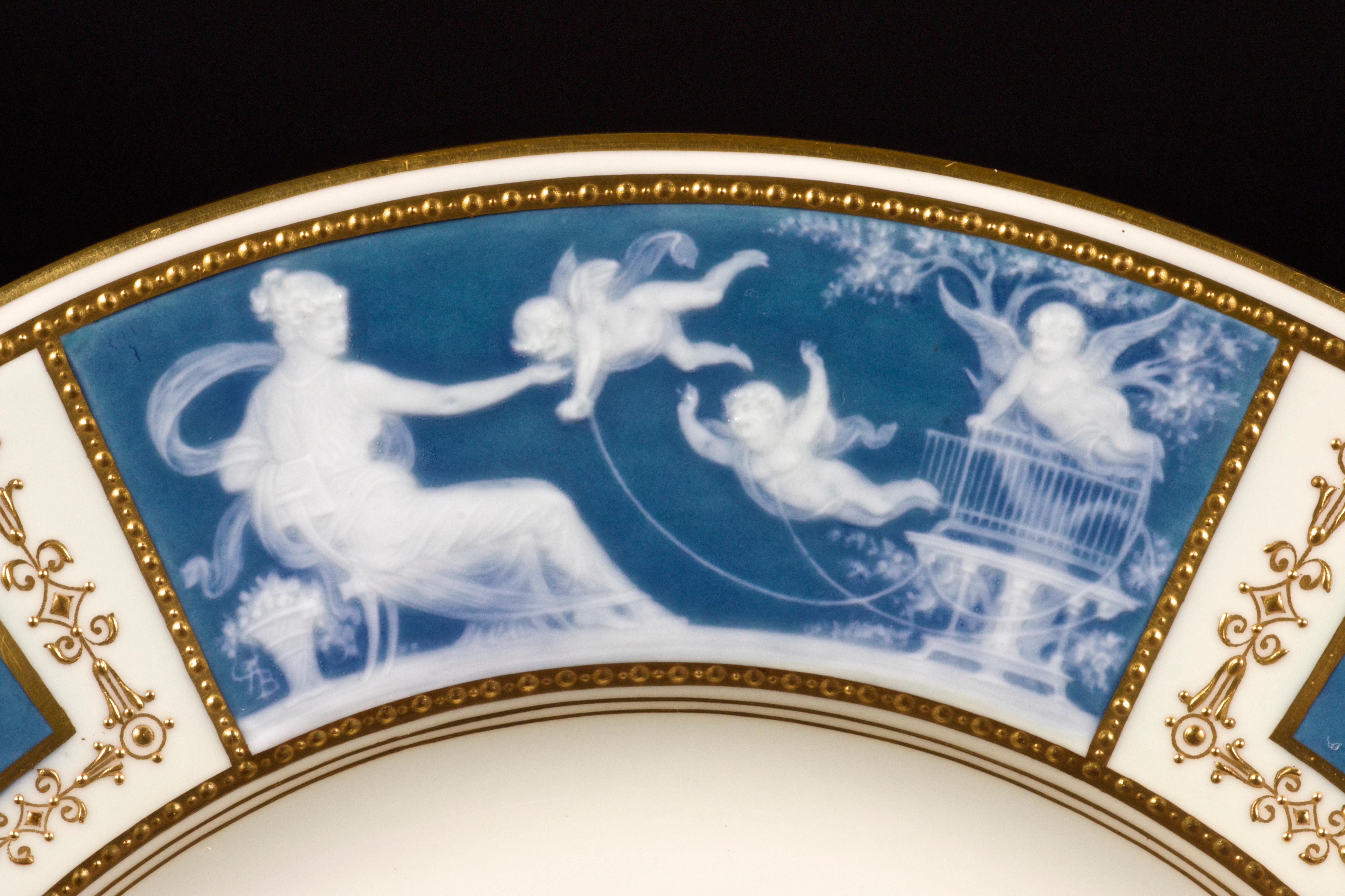 Neoclassical 8 Minton Pate-sur-pate Blue Plates for Tiffany, by Artist Albion Birks For Sale
