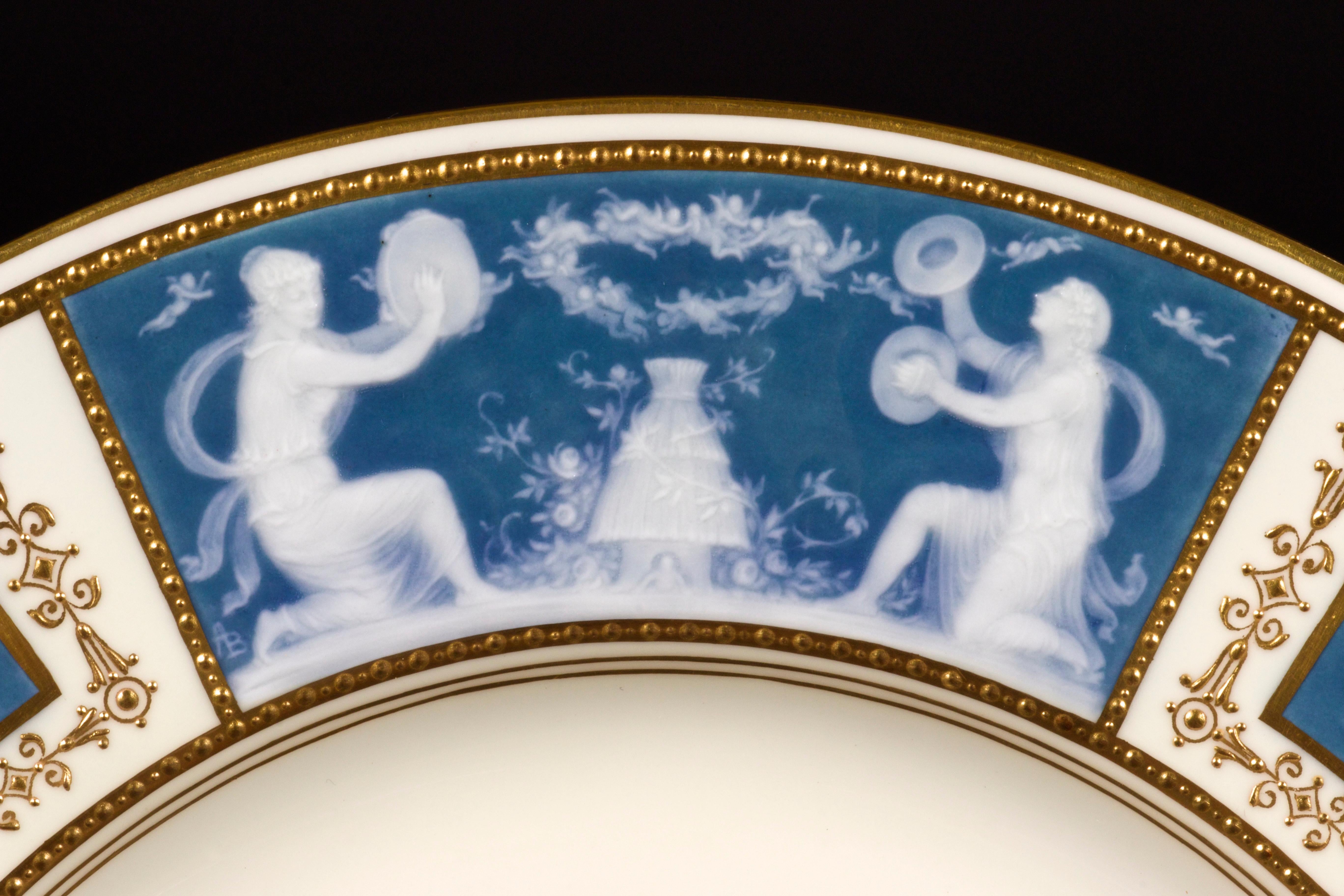 Hand-Crafted 8 Minton Pate-sur-pate Blue Plates for Tiffany, by Artist Albion Birks For Sale