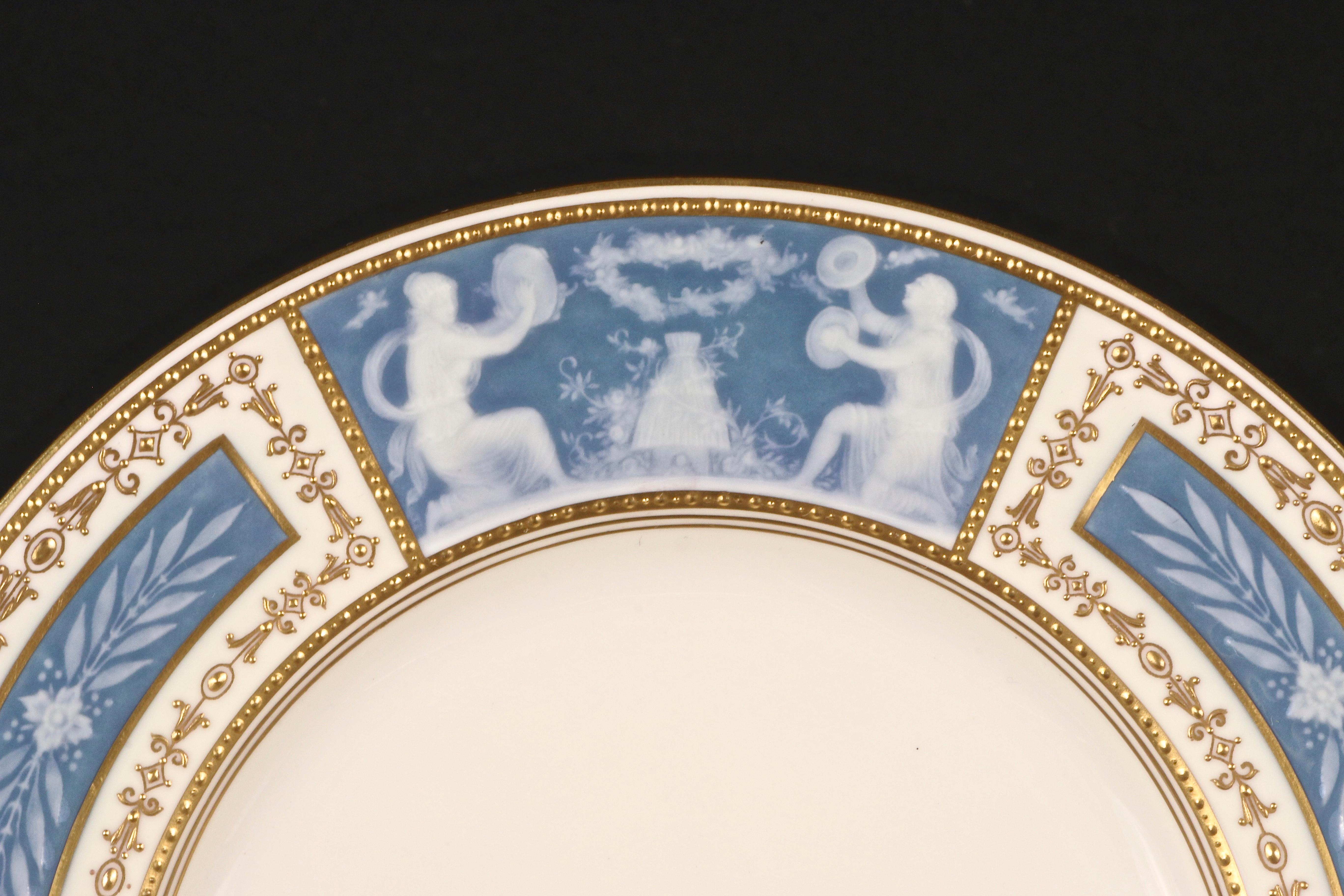 Porcelain 8 Minton Pate-sur-pate Blue Plates for Tiffany, by Artist Albion Birks For Sale