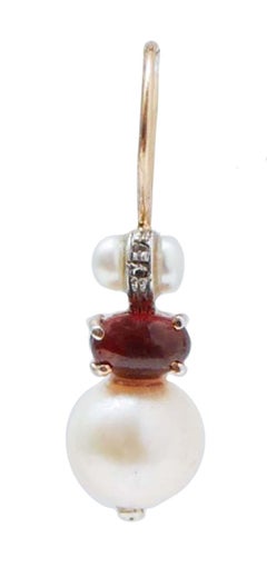 8 Mm Pearls, Garnets, Diamonds, Rose Gold and Silver Earrings.