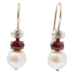 8 Mm Pearls, Garnets, Diamonds, Rose Gold and Silver Earrings.