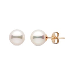 8 MM White Akoya AAA Pearl Stud Earrings 14 K Yellow Gold