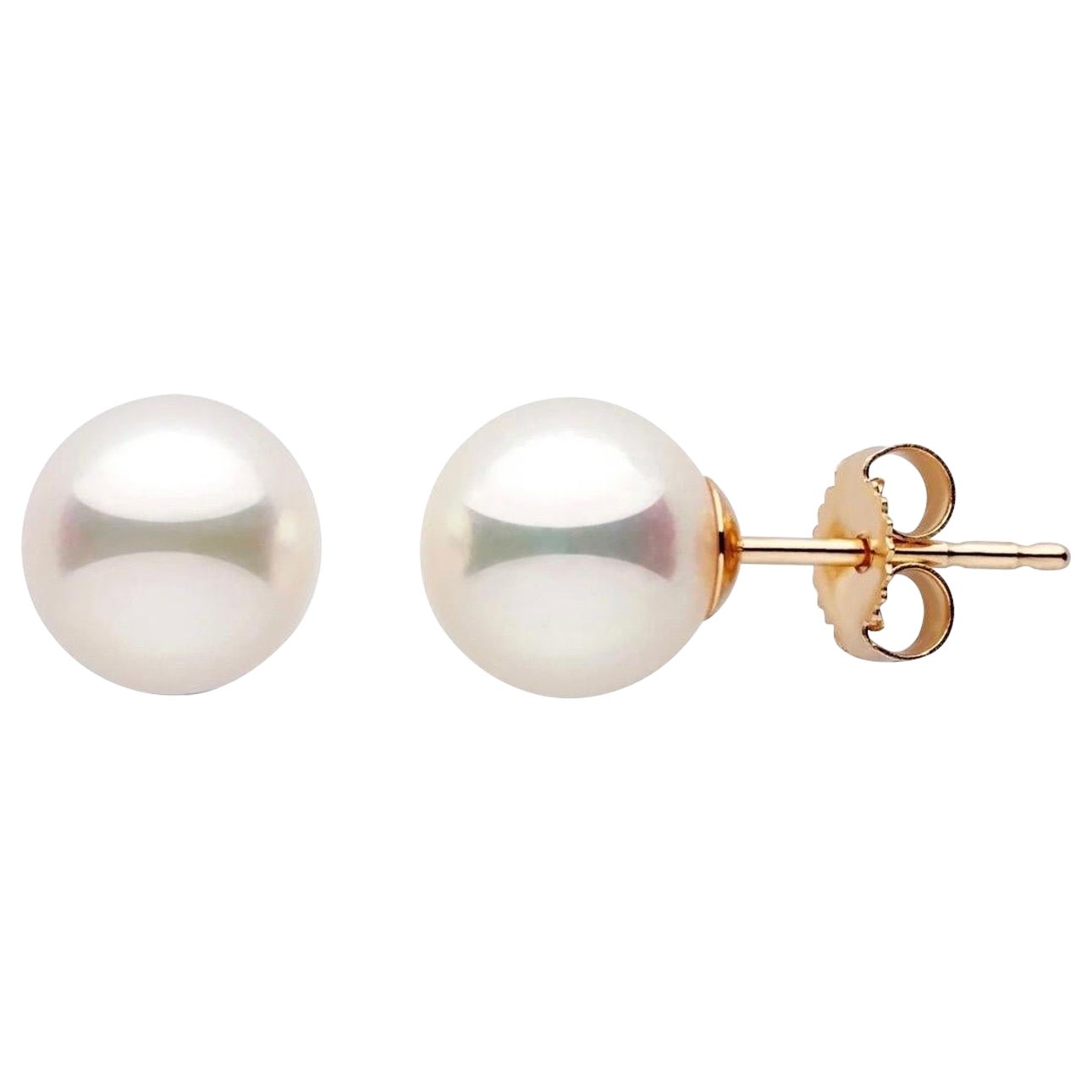 8 MM White Akoya AAA Pearl Stud Earrings 14 K Yellow Gold