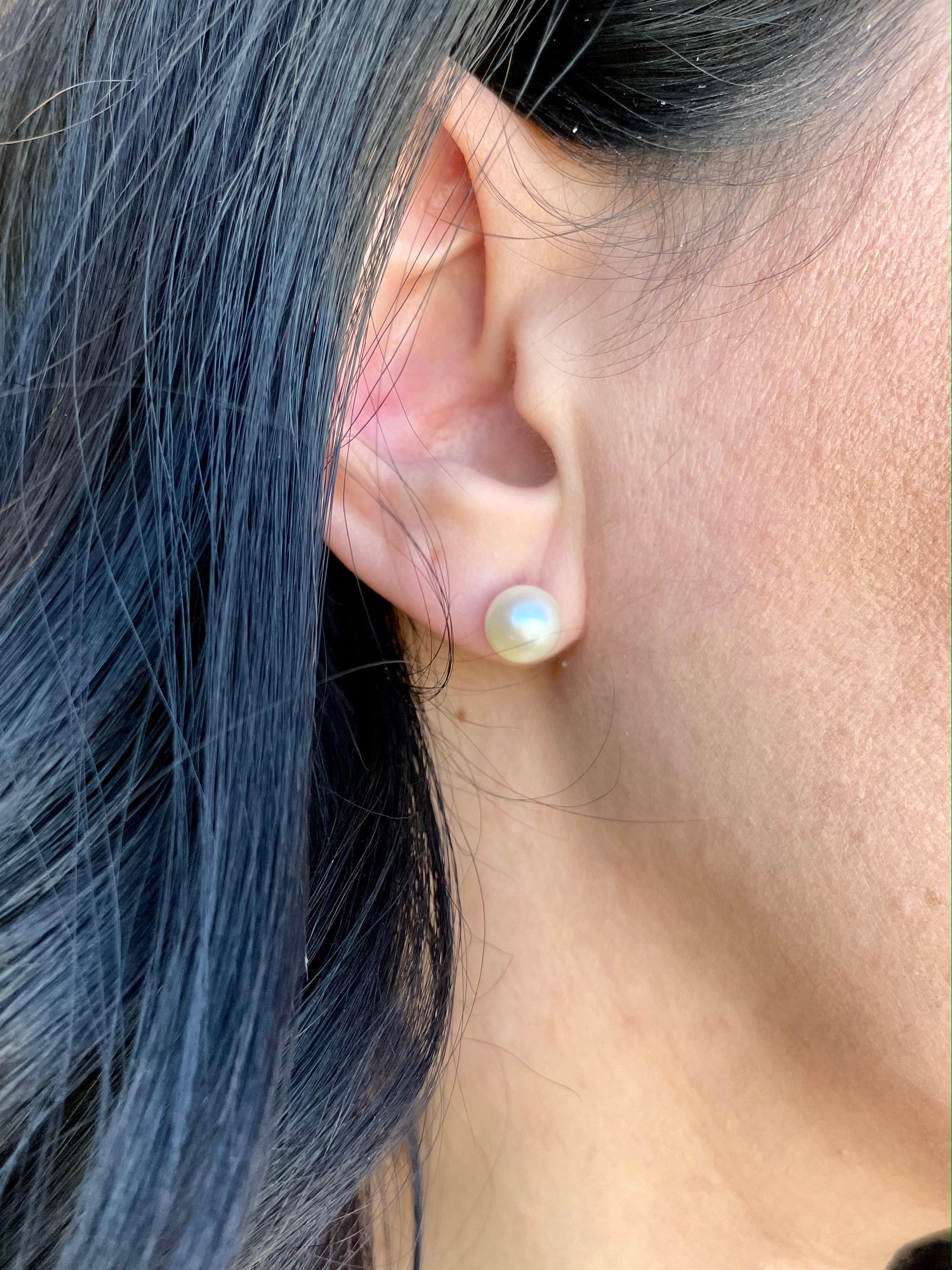 8 mm White Freshwater Round Pearl Stud Earrings in 14K Yellow Gold In Excellent Condition For Sale In beverly hills, CA
