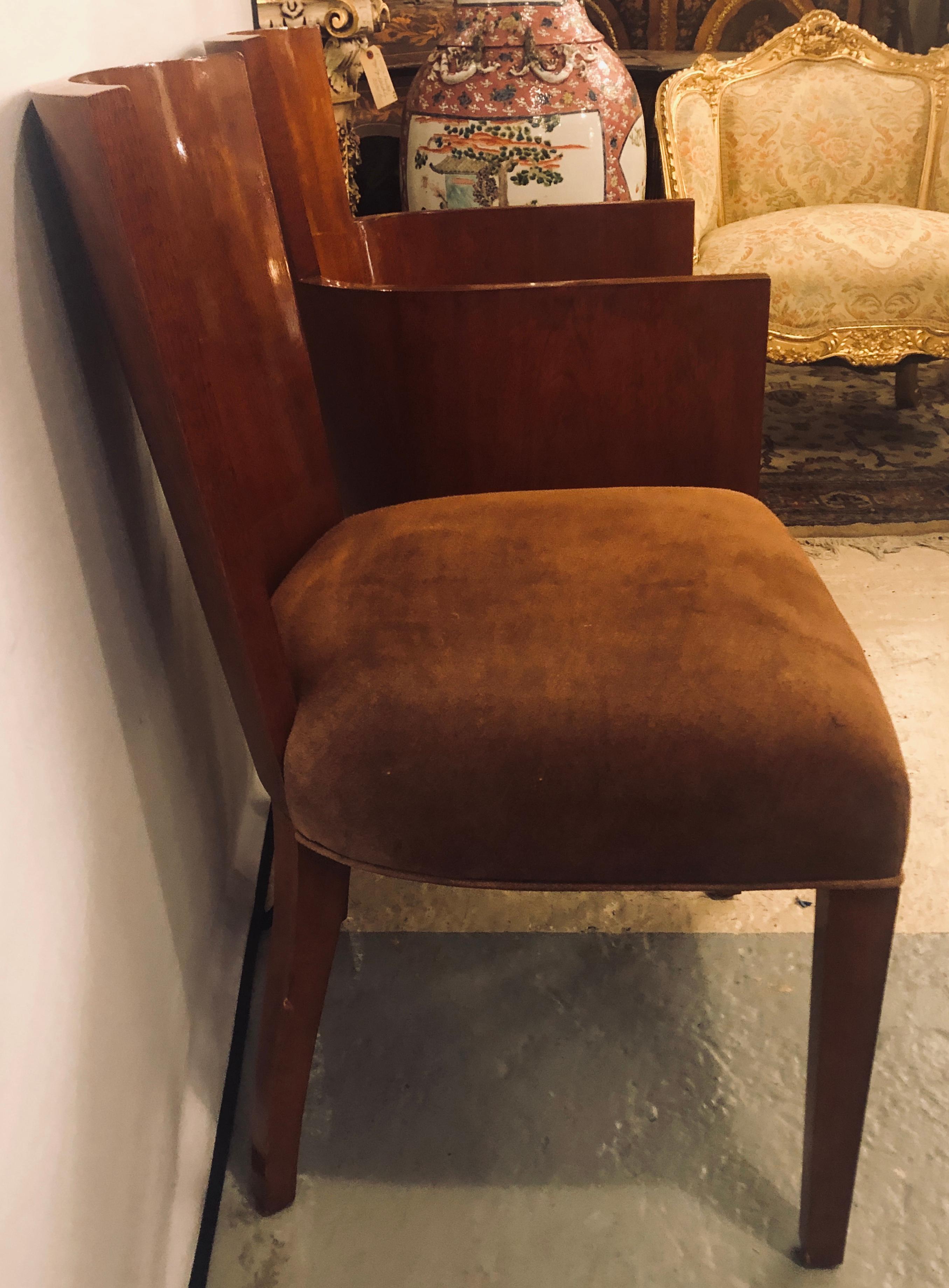 8 Modern Hollywood Mahogany Ralph Lauren Dining Chairs with Suede Seats 6 and 2 4