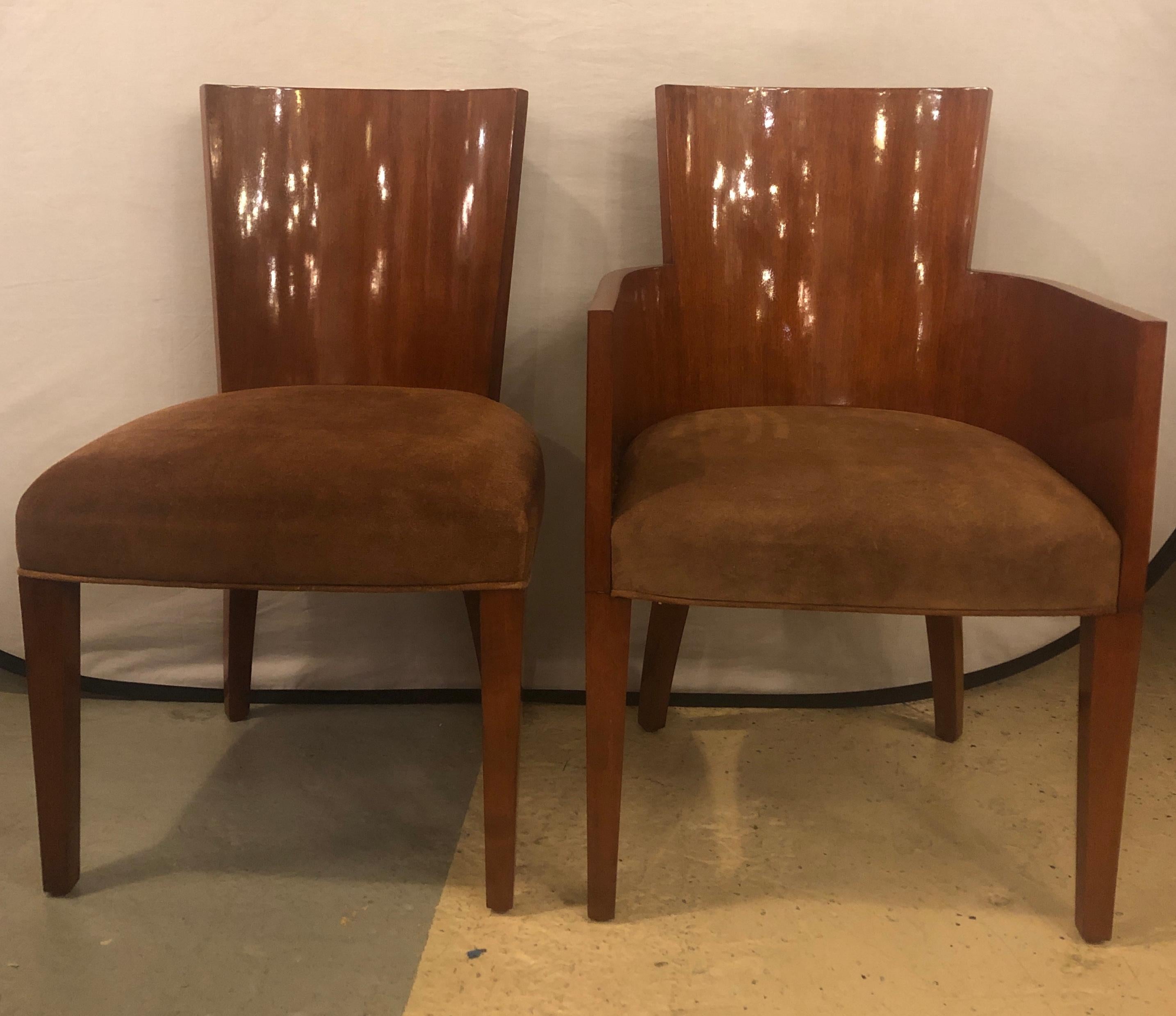 8 Modern Hollywood Mahogany Ralph Lauren Dining Chairs with Suede Seats 6 and 2 7