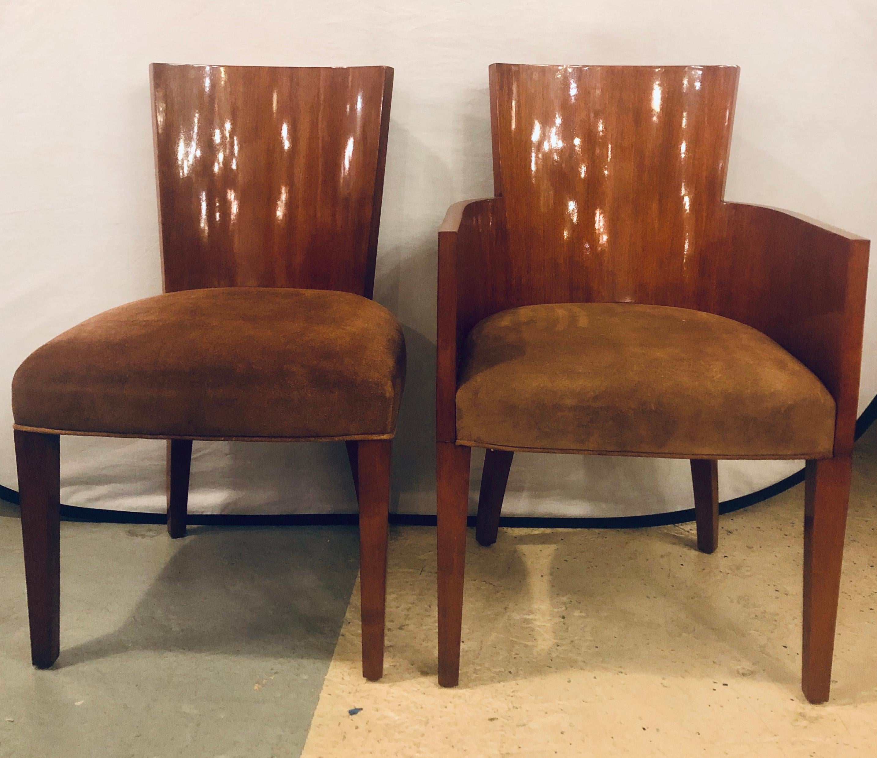 8 Modern Hollywood Mahogany Ralph Lauren Dining Chairs with Suede Seats 6 and 2 9