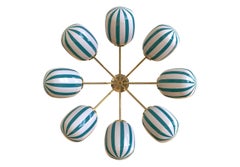 8 Module Blue and White Bullseye Candy Chandelier with Blown Glass and Brass