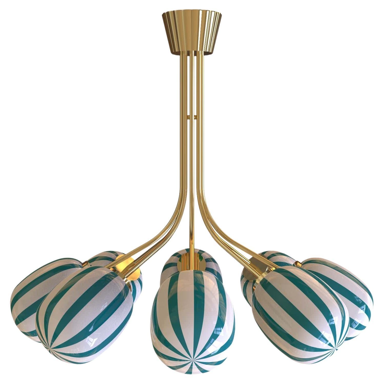 8 Module Blue and White Bullseye Candy Chandelier with Blown Glass and Brass For Sale