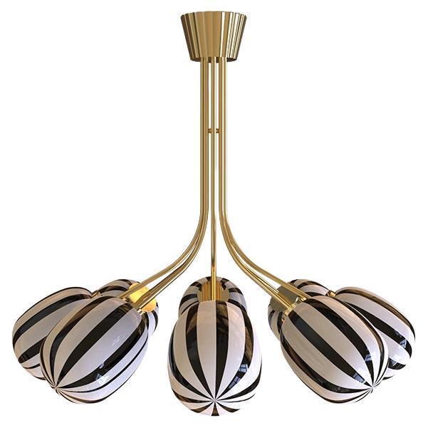 8 Module Bullseye Candy Chandelier with Blown Glass and Brass For Sale