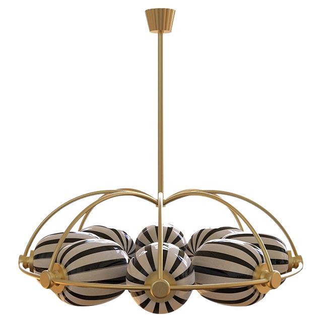 8 Module Bullseye Umbrella Chandelier with Hand-blown Glass and Brass For Sale