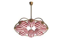 8 Module Red & White Bullseye Umbrella Chandelier with Handblown Glass and Brass