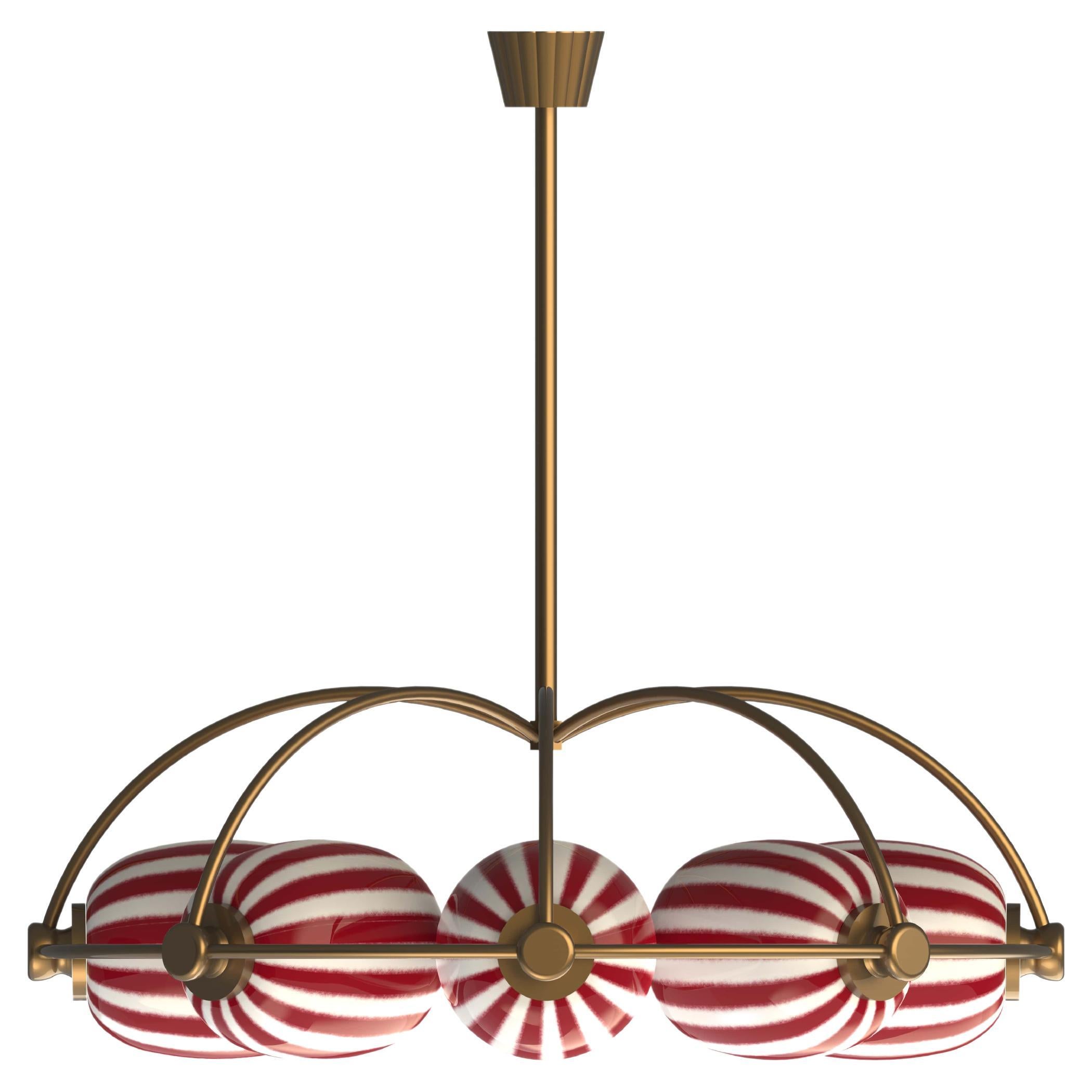 8 Module Red & White Bullseye Umbrella Chandelier with Handblown Glass and Brass For Sale