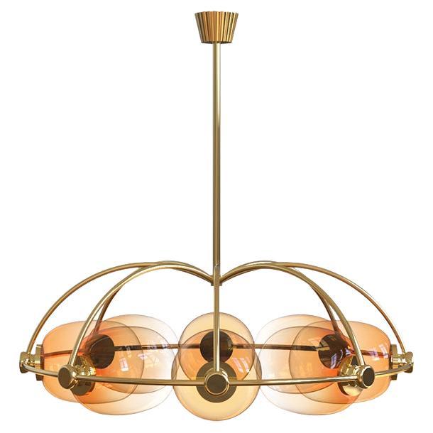 8 Module Umbrella Candy Chandelier with Hand-blown Glass and Brass For Sale