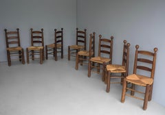 8 Natural Oak and Rush Chairs by Charles Dudouyt , France 1955