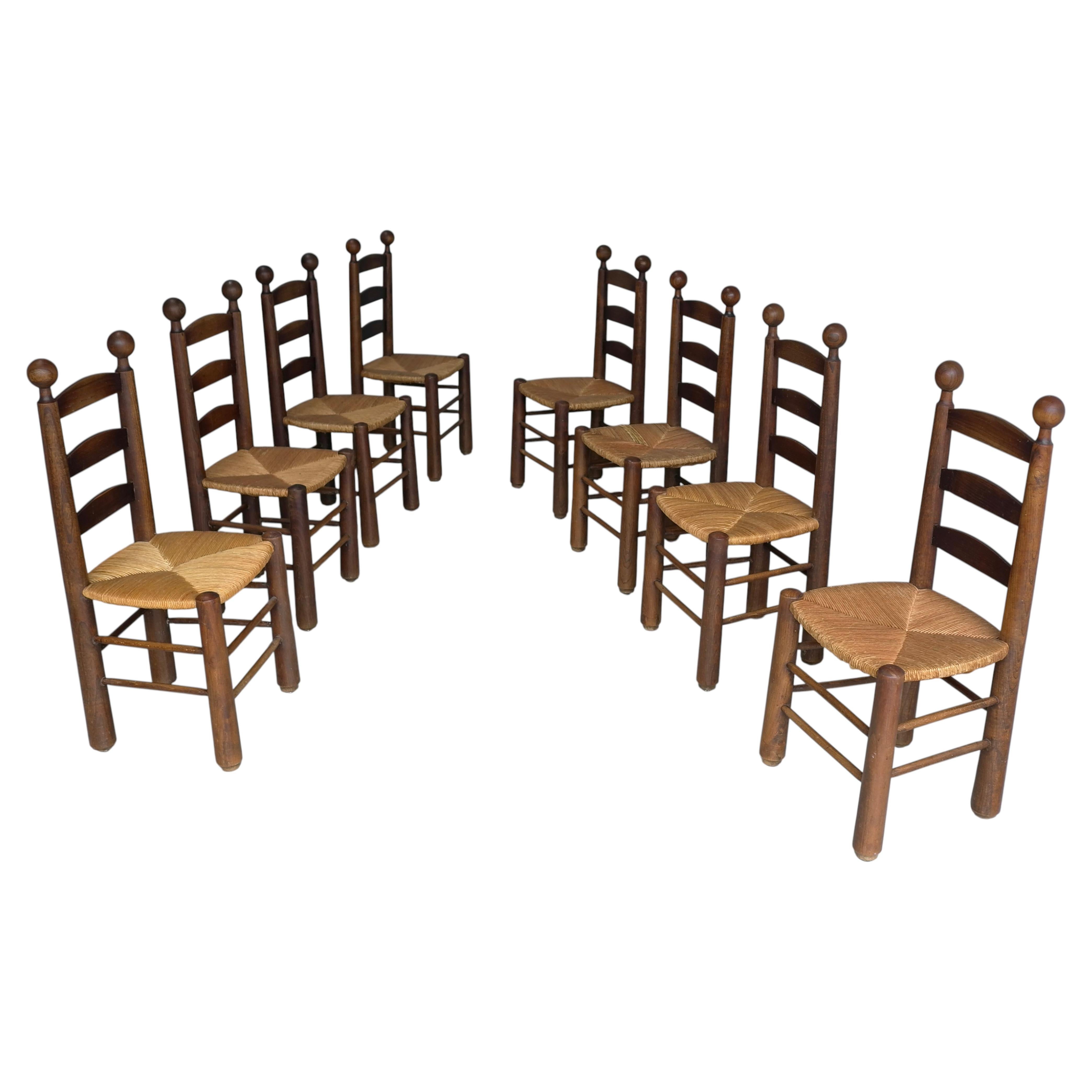 8 Natural Oak and Rush Chairs by Charles Dudouyt , France 1955