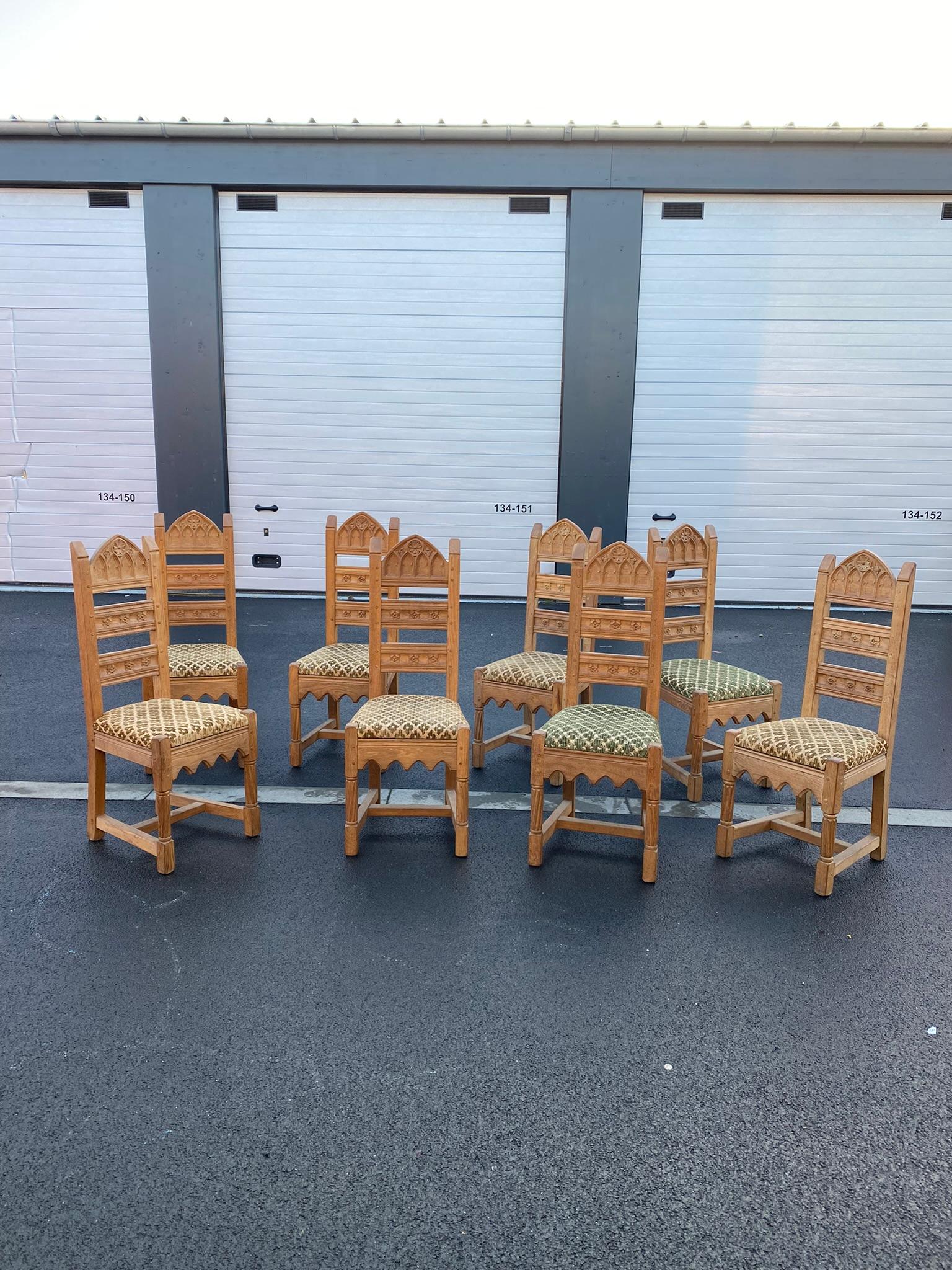 8 Neogothic Chairs in Oak circa 1950 For Sale 3