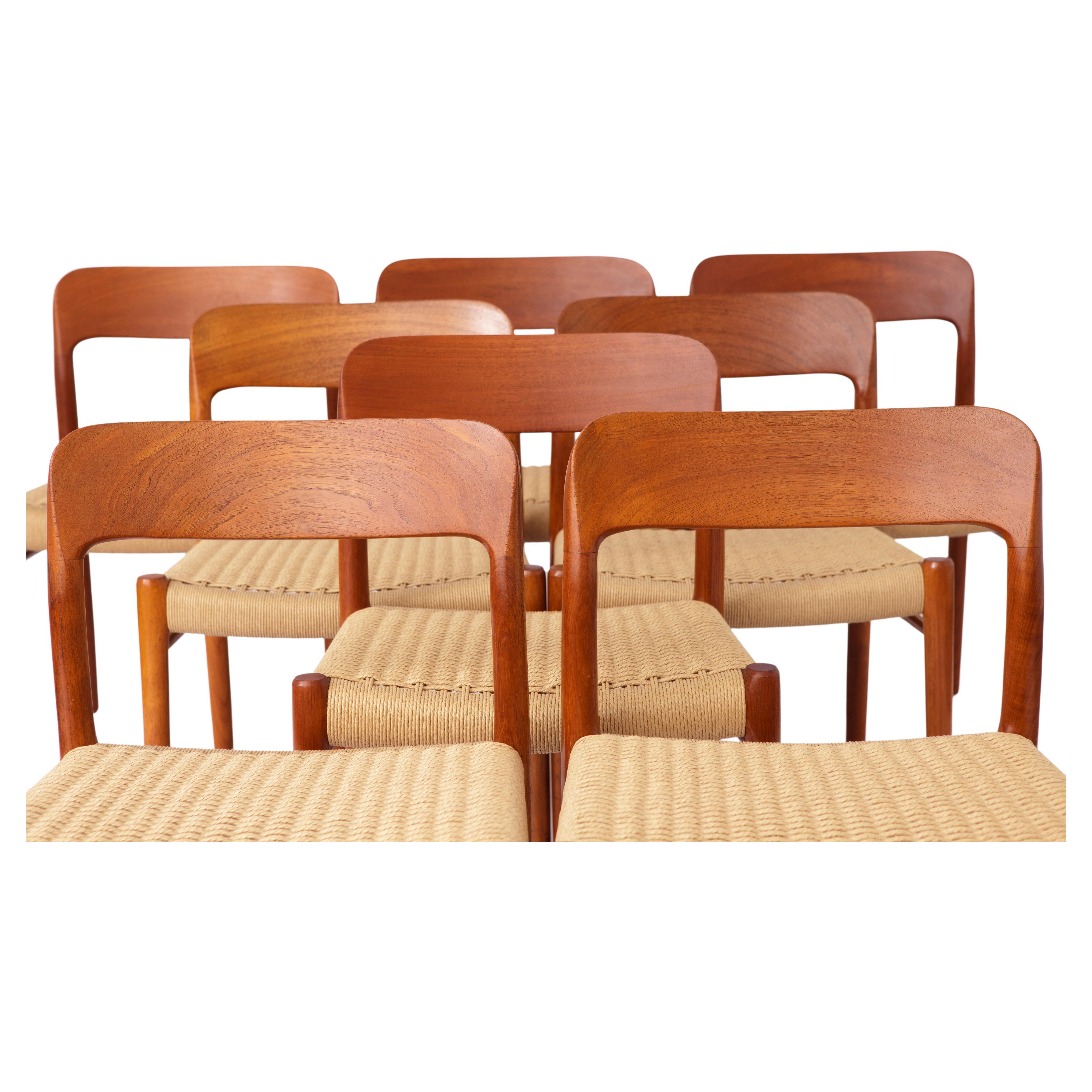 8 Niels Moller teak dining chairs with papercord seats by Niels Moller, model 75
