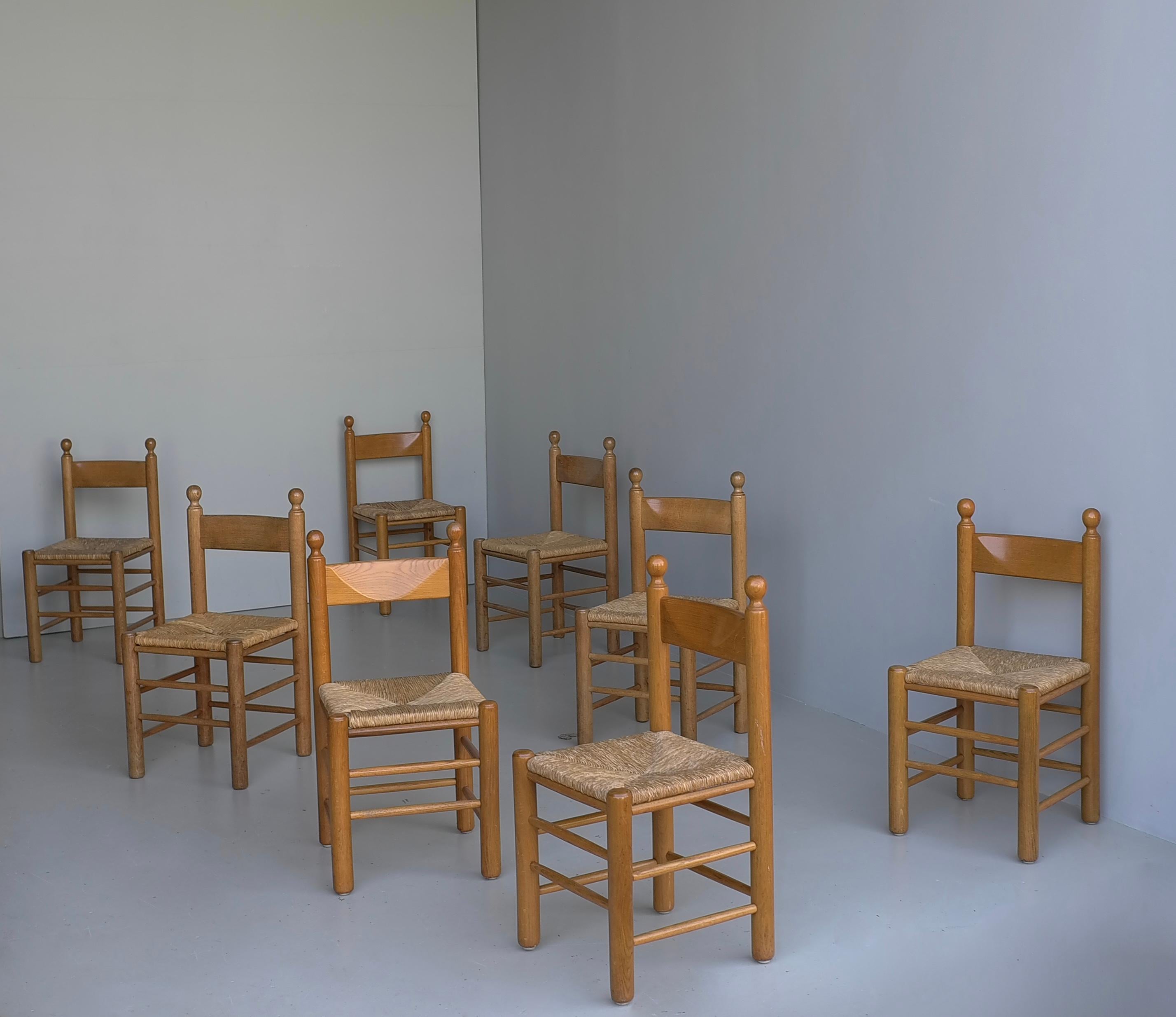 8 Oak and Rush Chairs in Style of Charles Dudouyt , France 1960's For Sale 5
