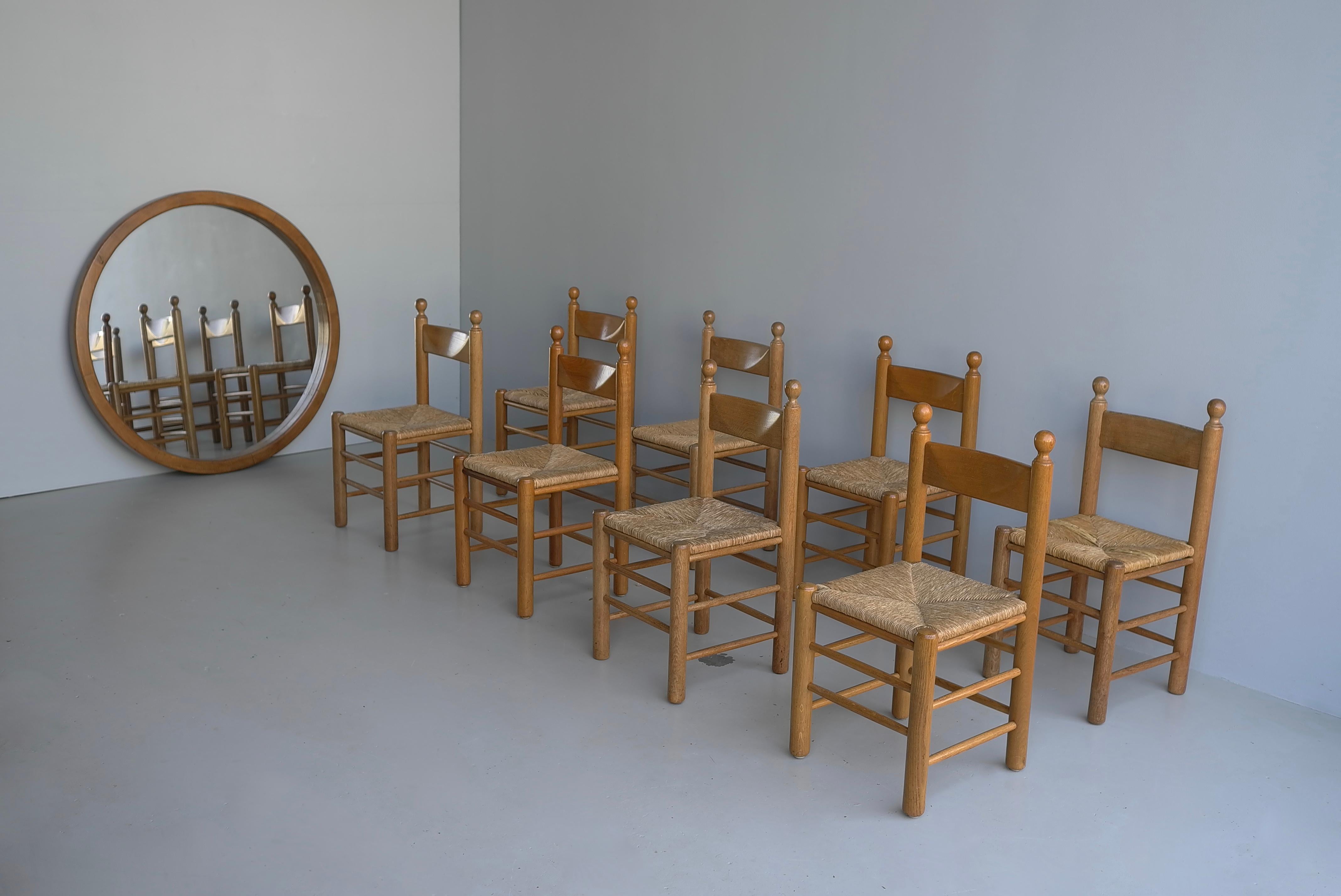 8 Oak and Rush Chairs in Style of Charles Dudouyt , France 1960's For Sale 6