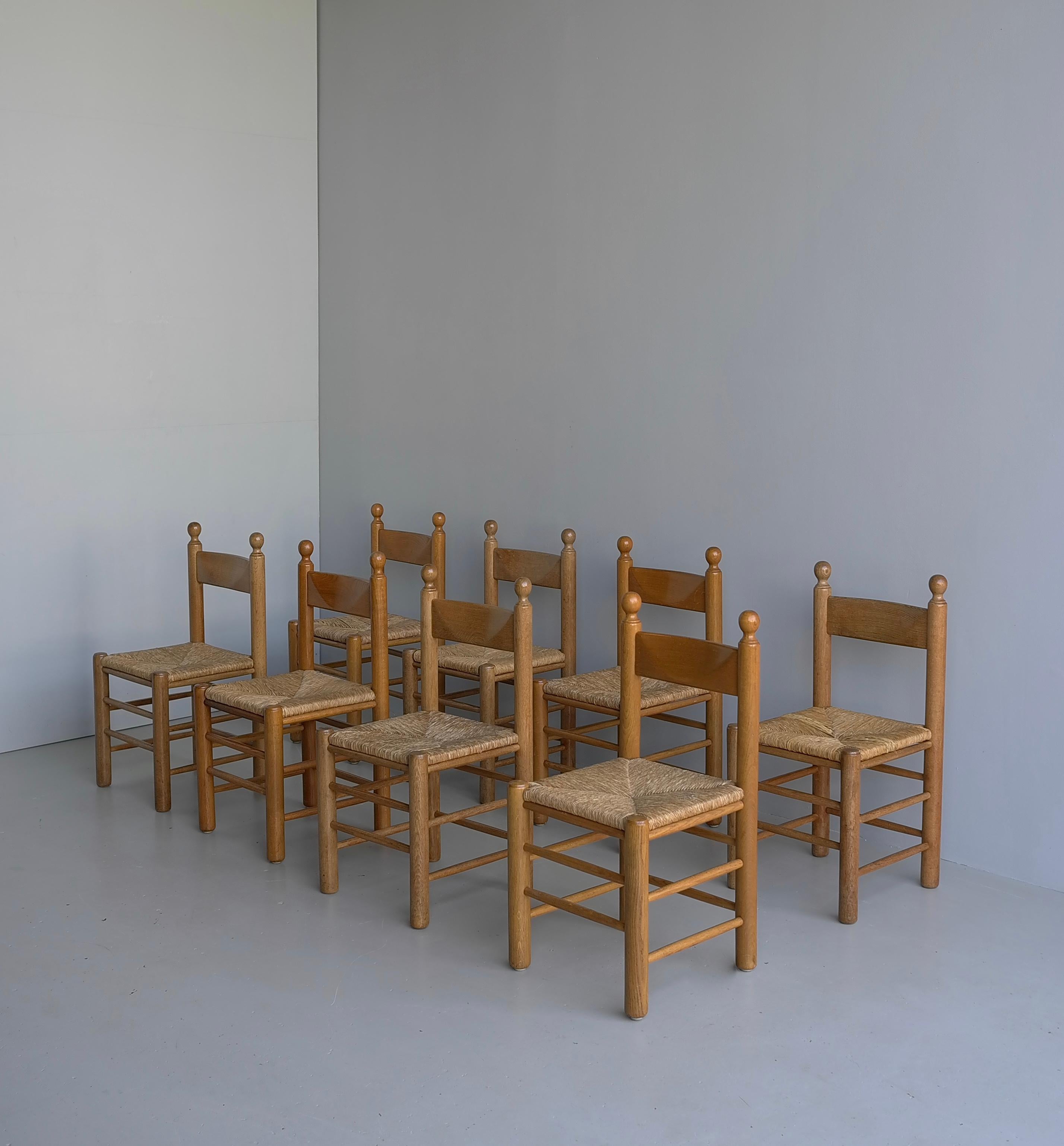 8 Oak and Rush Chairs in Style of Charles Dudouyt , France 1960's For Sale 7