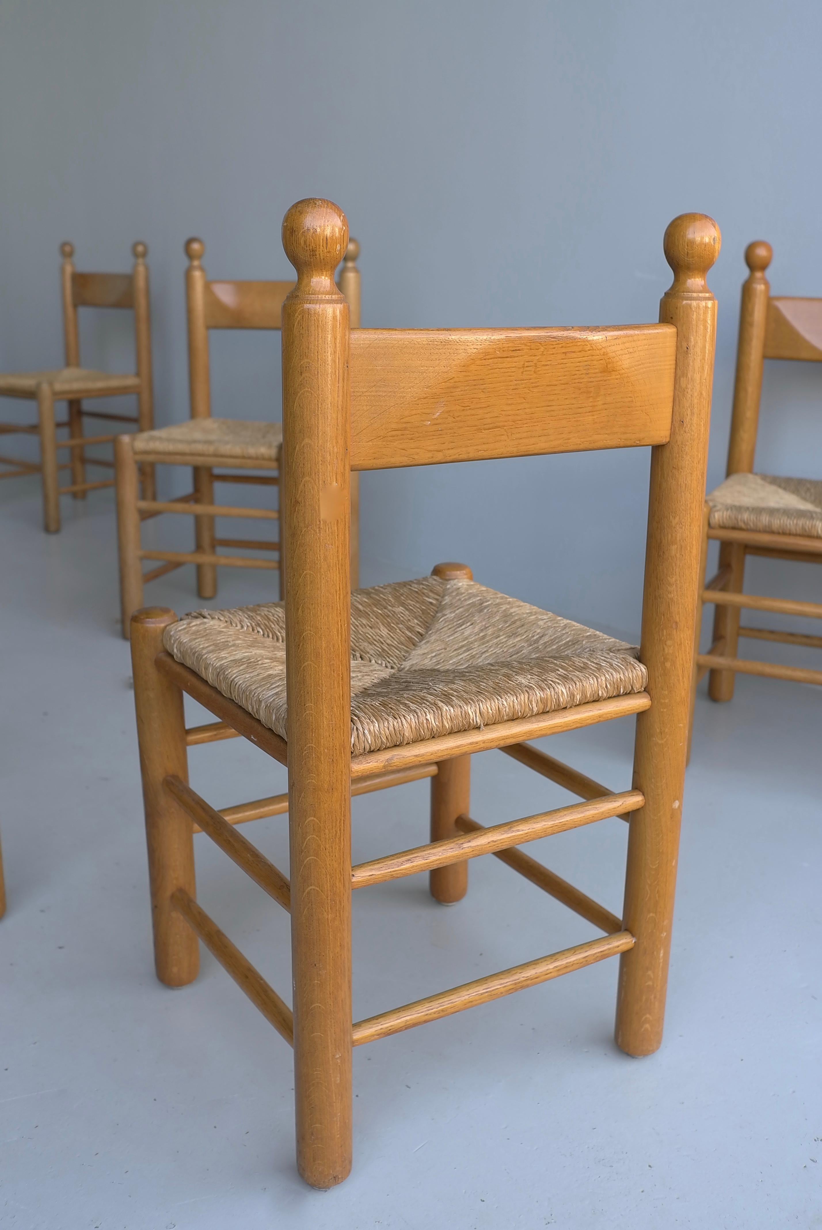 8 Oak and Rush Chairs in Style of Charles Dudouyt , France 1960's For Sale 8