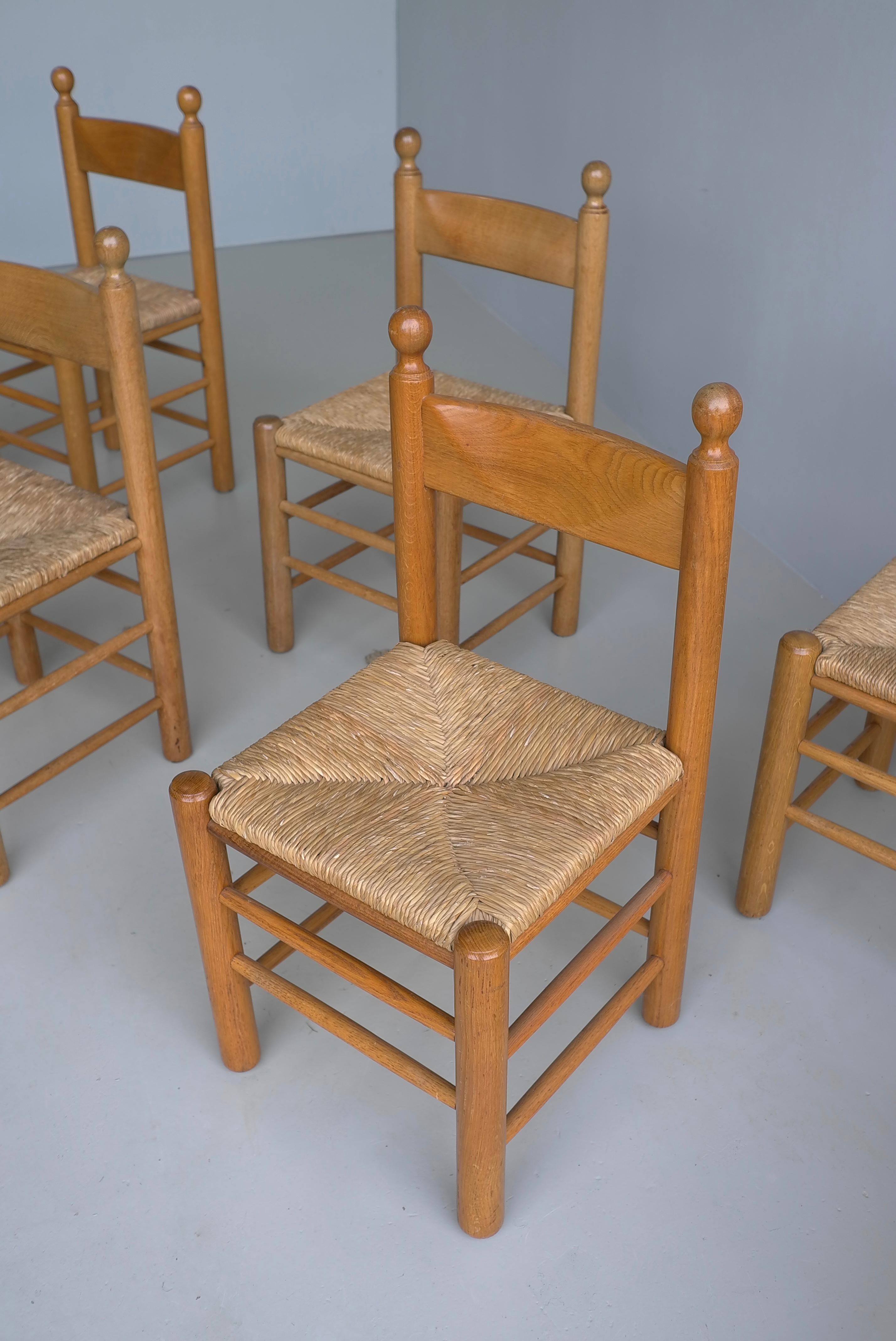 8 Oak and Rush Chairs in Style of Charles Dudouyt , France 1960's For Sale 10