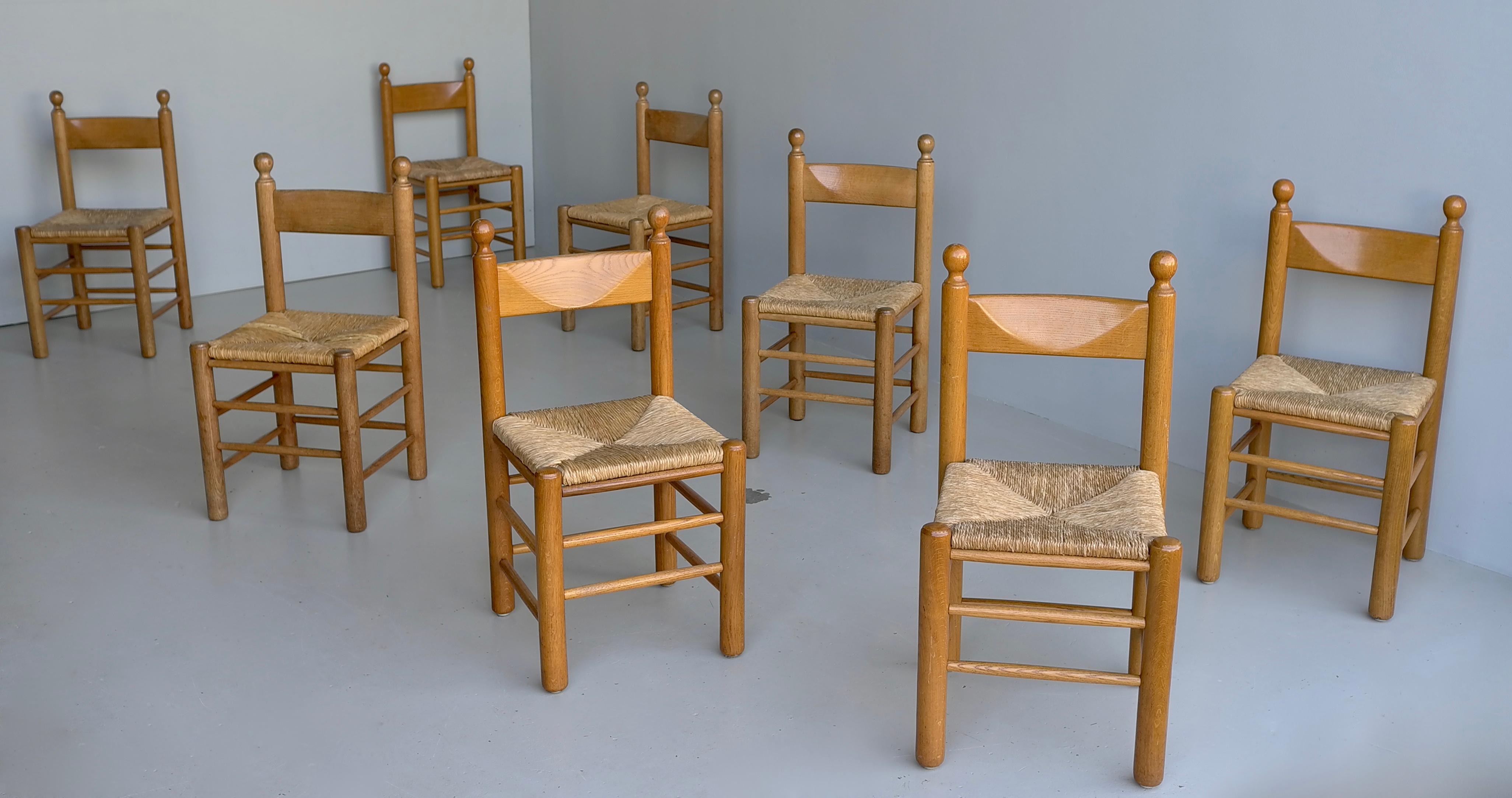 Mid-Century Modern 8 Oak and Rush Chairs in Style of Charles Dudouyt , France 1960's For Sale