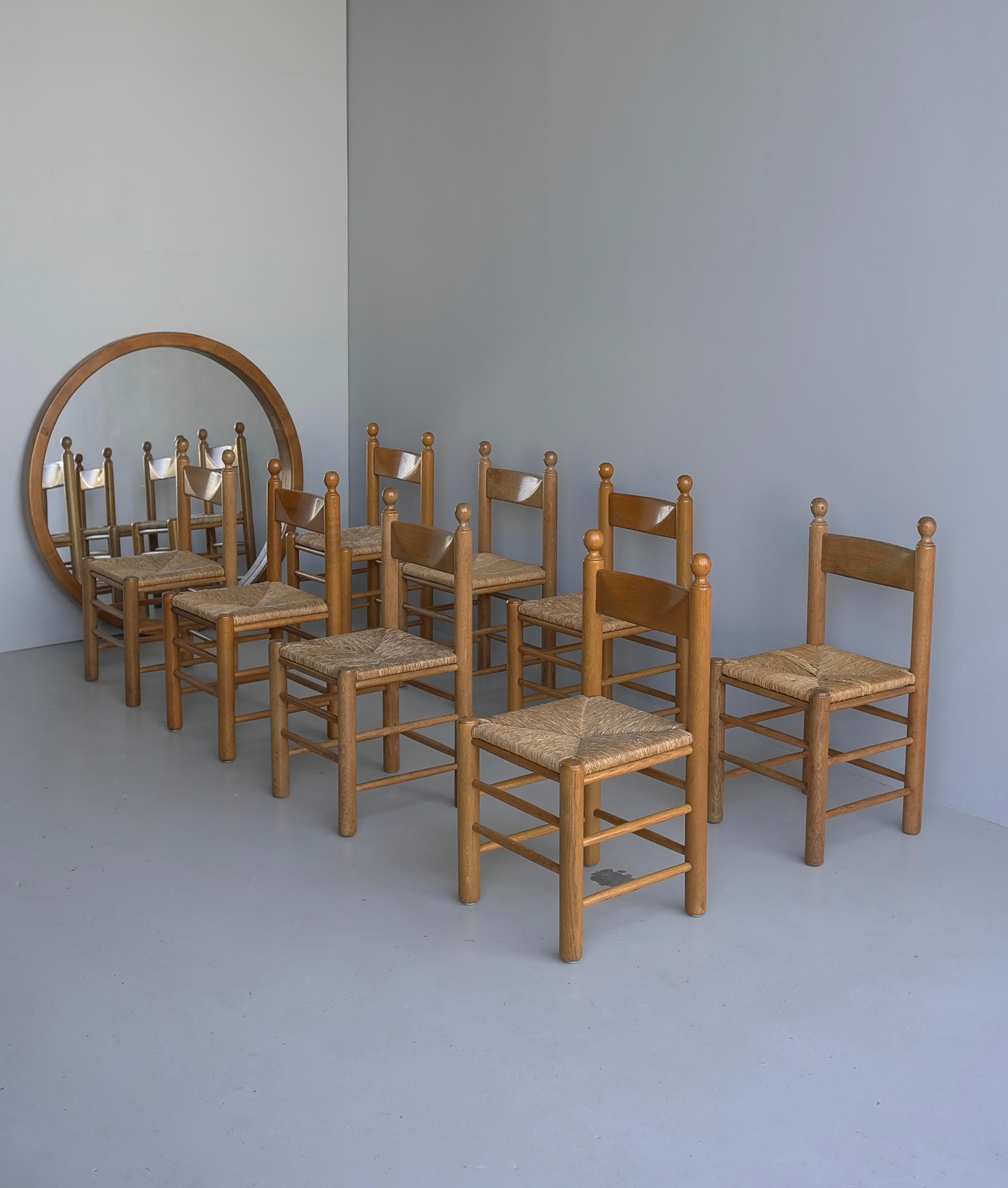 French 8 Oak and Rush Chairs in Style of Charles Dudouyt , France 1960's For Sale