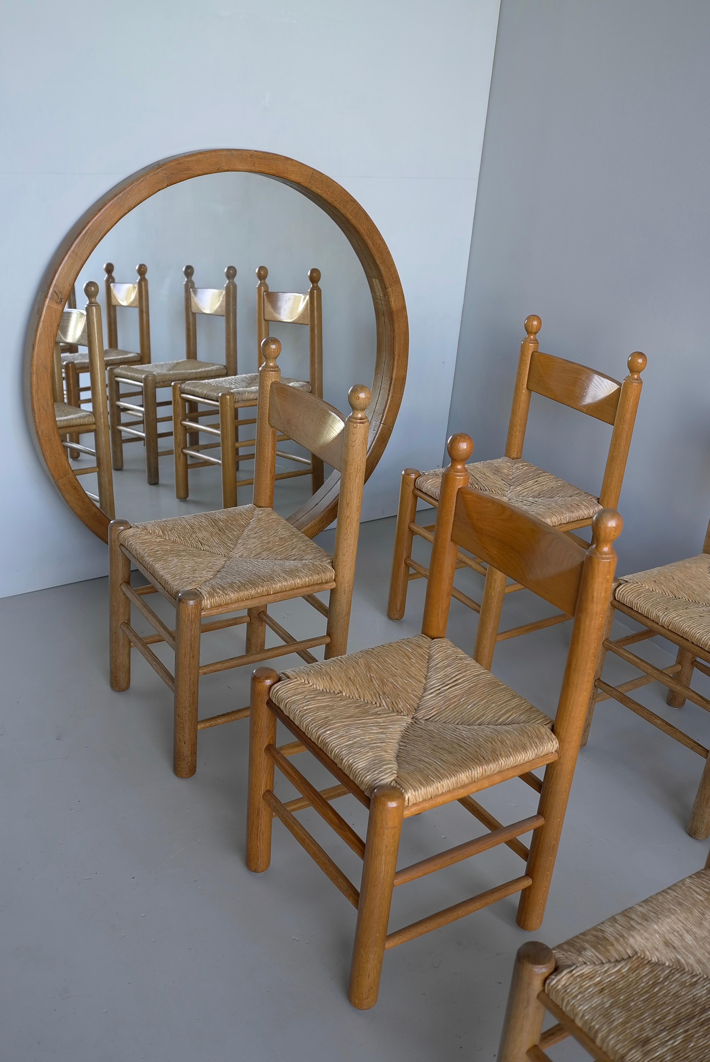 Mid-20th Century 8 Oak and Rush Chairs in Style of Charles Dudouyt , France 1960's For Sale
