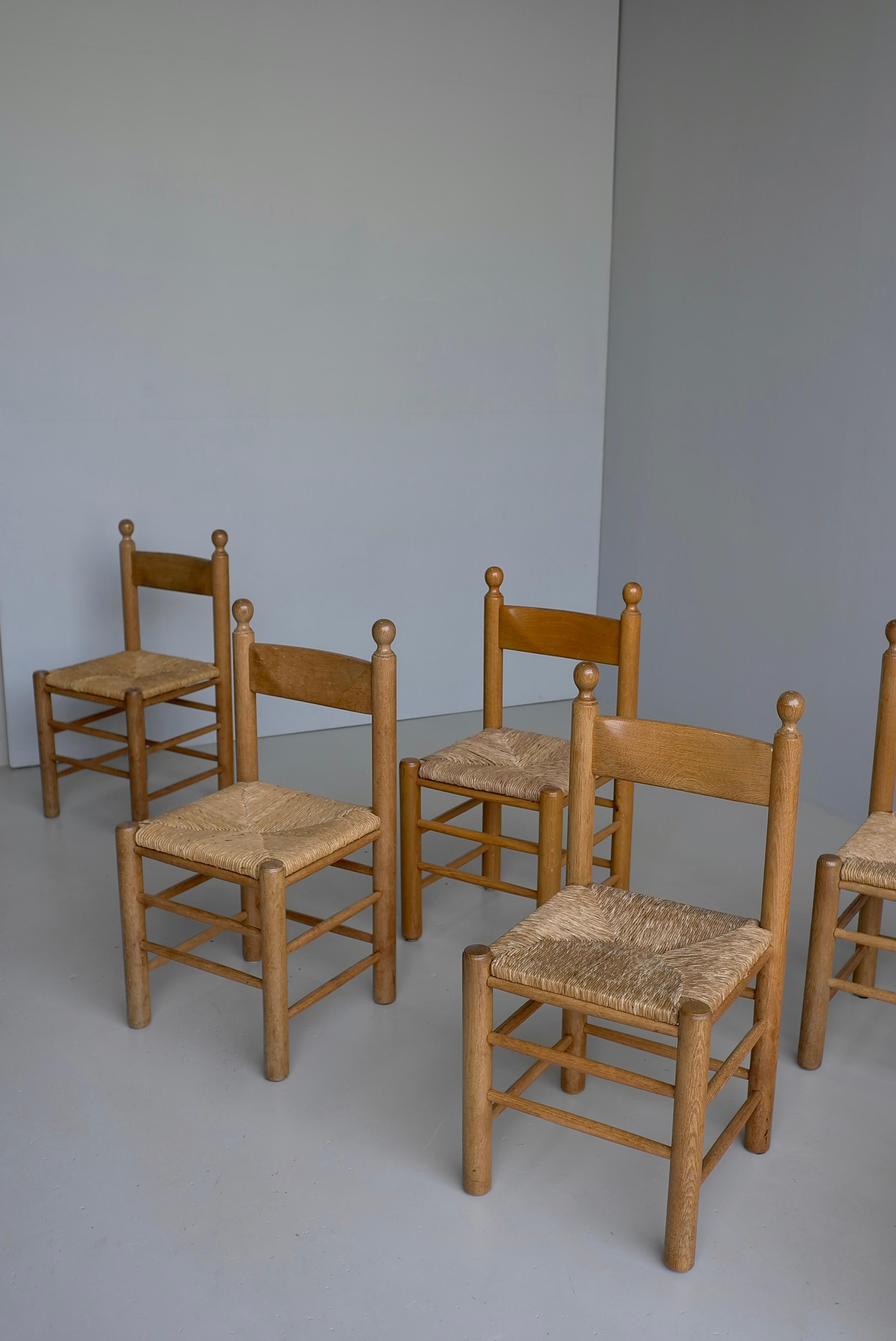8 Oak and Rush Chairs in Style of Charles Dudouyt , France 1960's For Sale 2