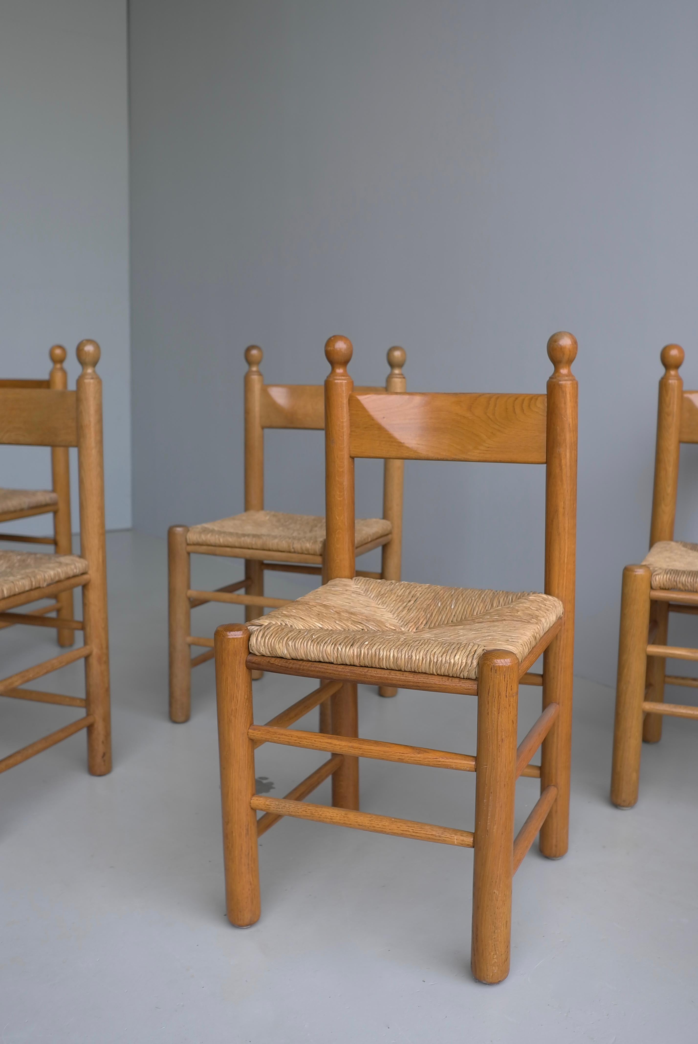 8 Oak and Rush Chairs in Style of Charles Dudouyt , France 1960's For Sale 3