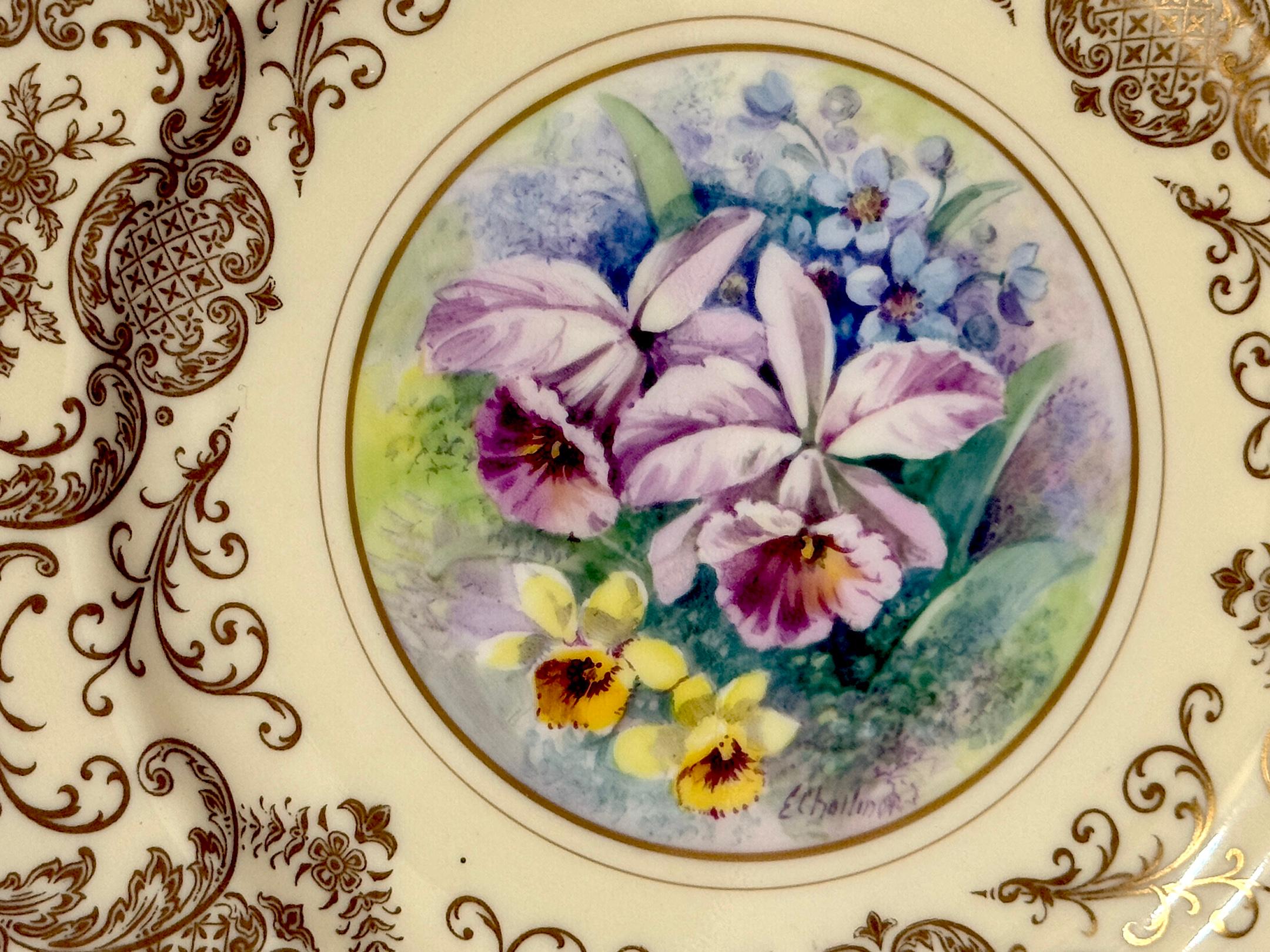 8 Orchid Conservatory Service Plates Painted and Signed E. Challinor for Pickard For Sale 6