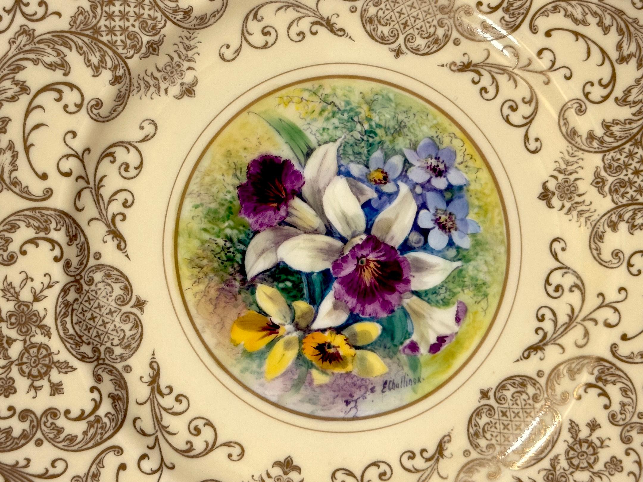 8 Orchid Conservatory Service Plates Painted and Signed E. Challinor for Pickard For Sale 8