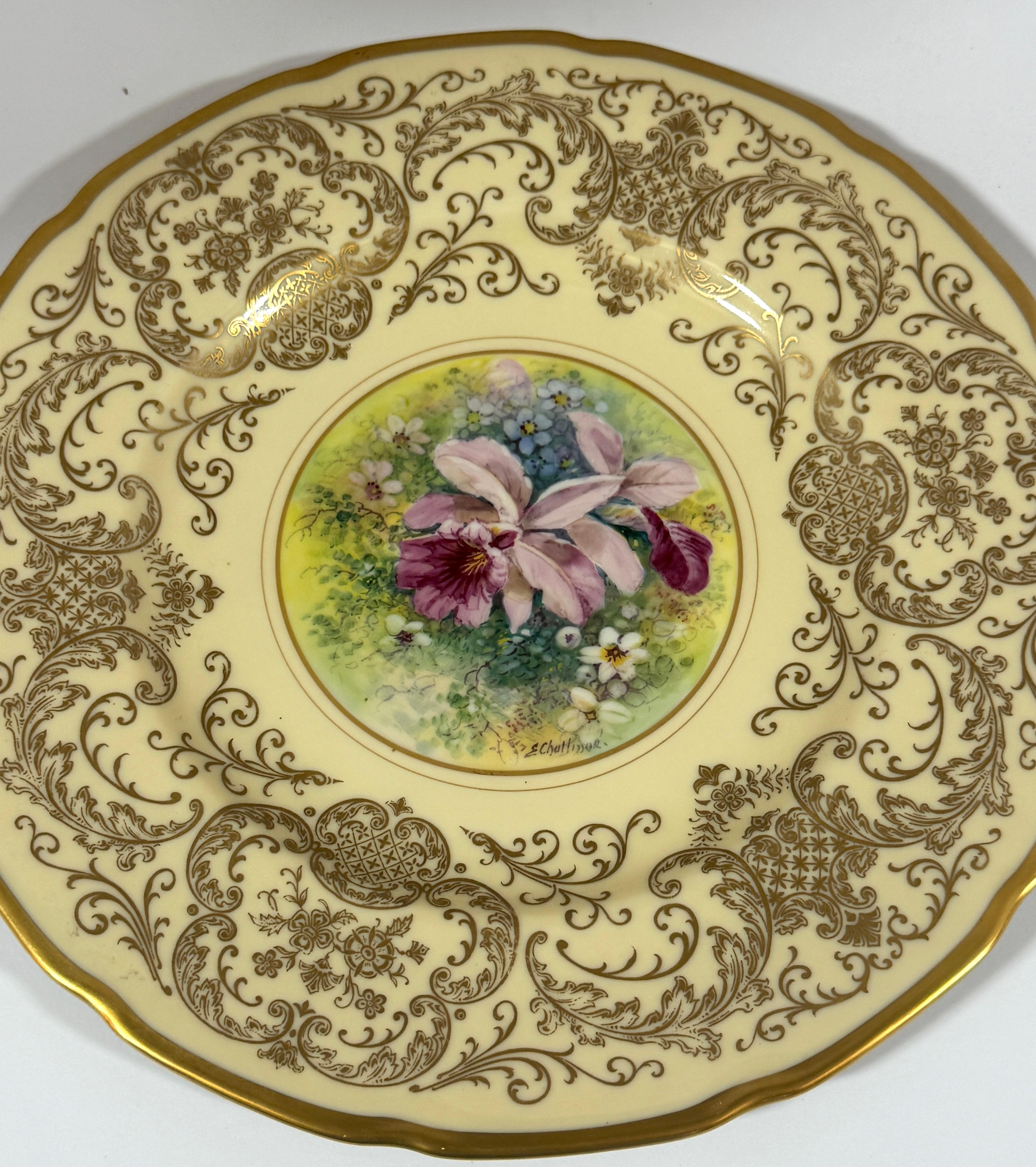 8 Orchid Conservatory Service Plates Painted and Signed E. Challinor for Pickard For Sale 10