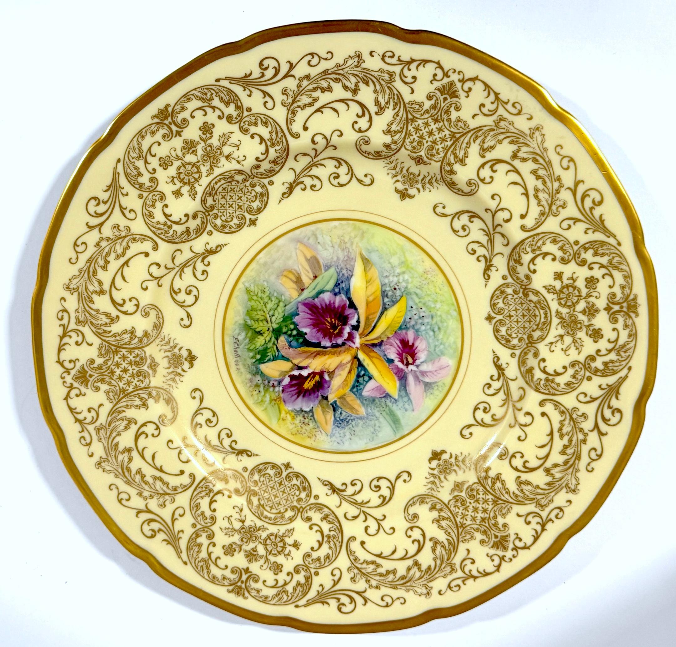 Belle Époque 8 Orchid Conservatory Service Plates Painted and Signed E. Challinor for Pickard For Sale