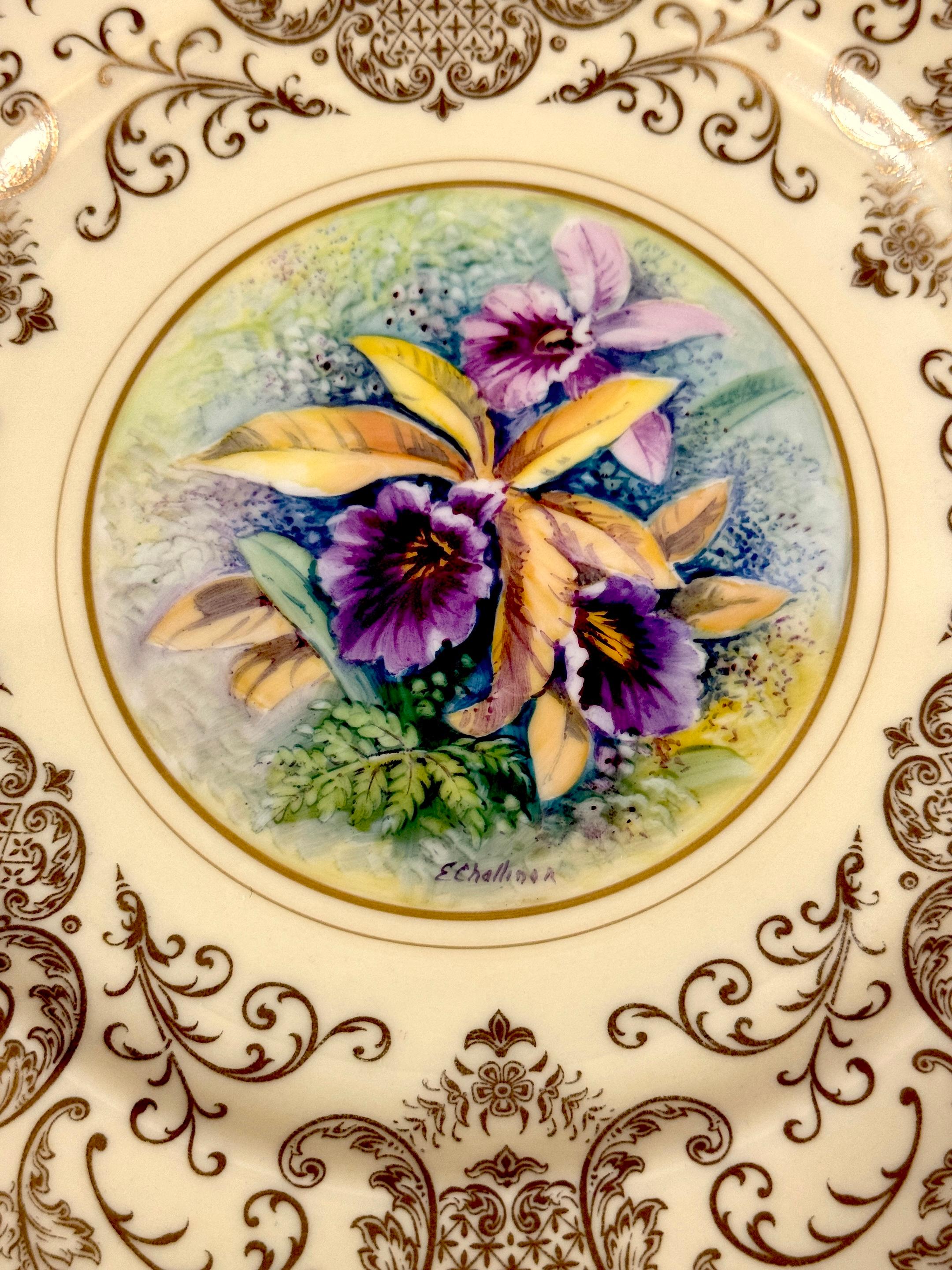 American 8 Orchid Conservatory Service Plates Painted and Signed E. Challinor for Pickard For Sale