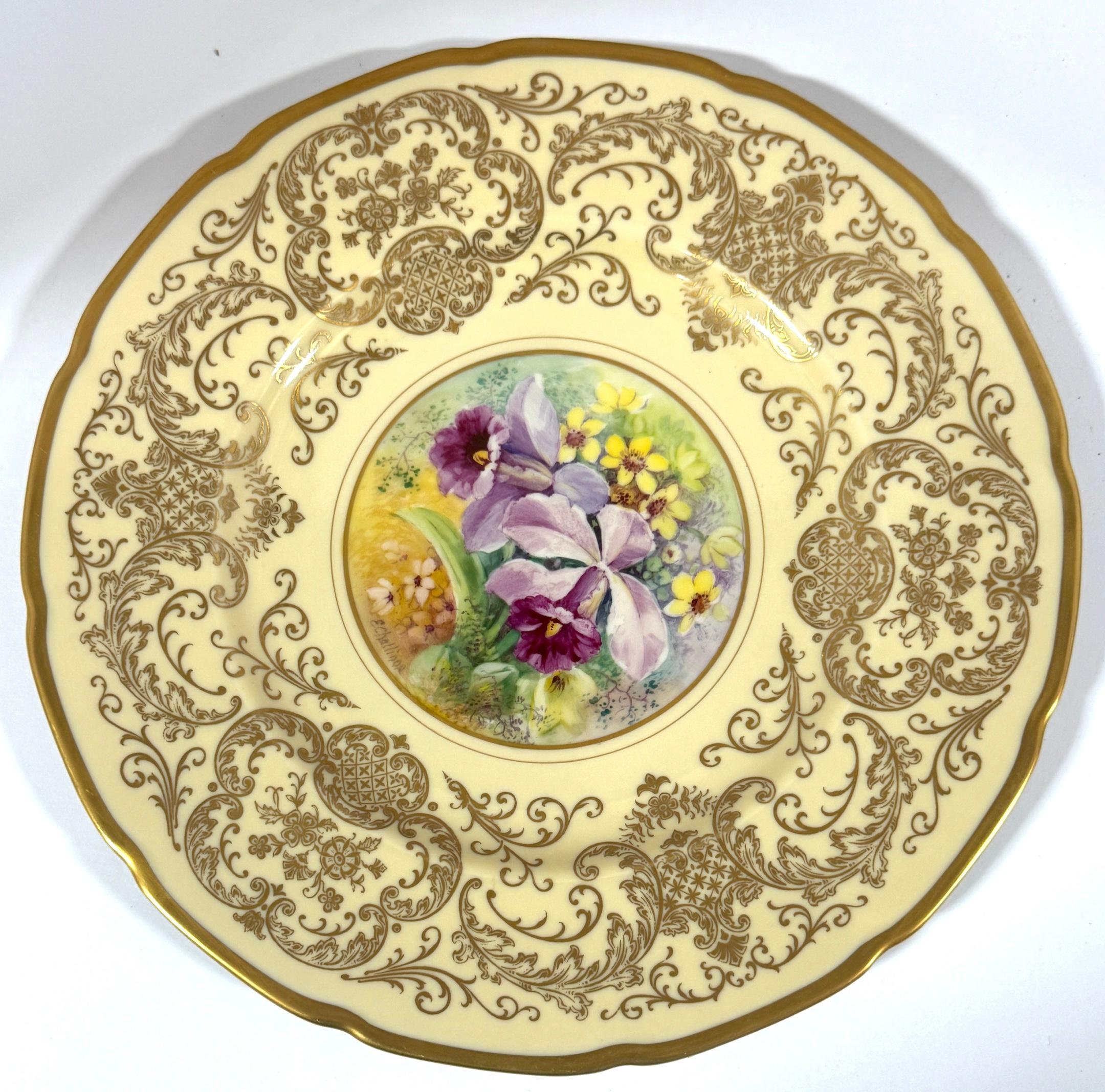 Gilt 8 Orchid Conservatory Service Plates Painted and Signed E. Challinor for Pickard For Sale