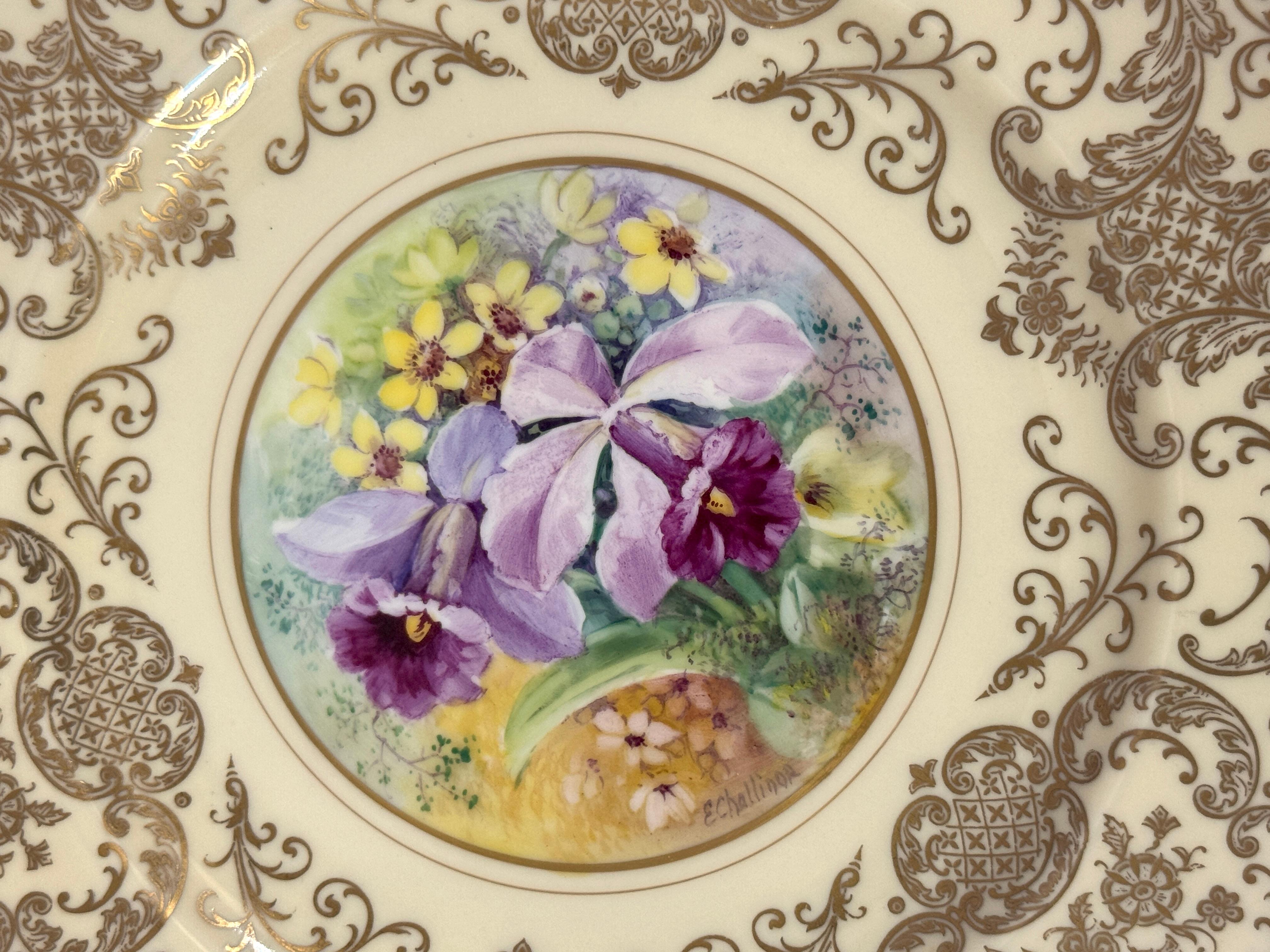 8 Orchid Conservatory Service Plates Painted and Signed E. Challinor for Pickard In Good Condition For Sale In West Palm Beach, FL