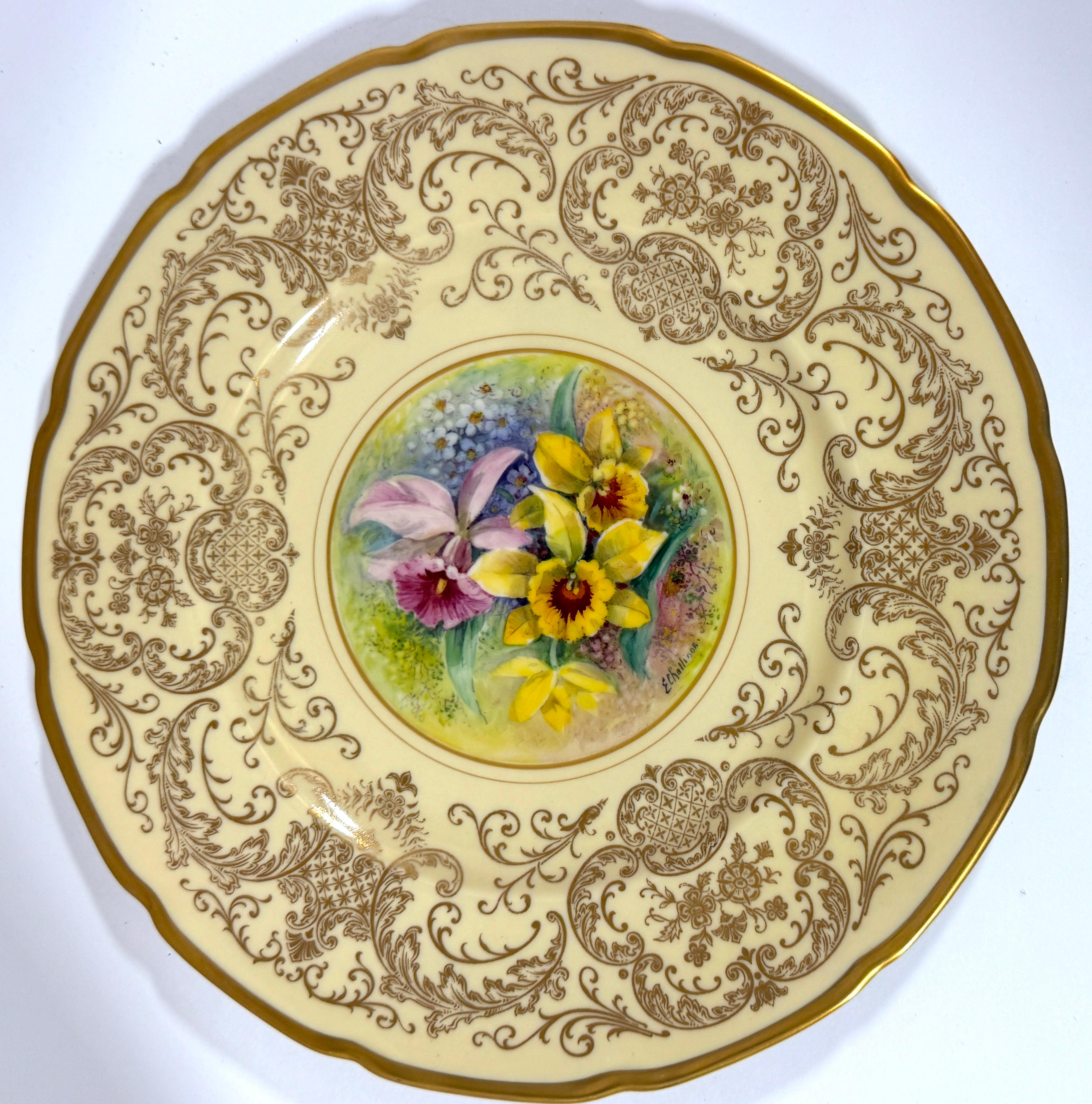 20th Century 8 Orchid Conservatory Service Plates Painted and Signed E. Challinor for Pickard For Sale