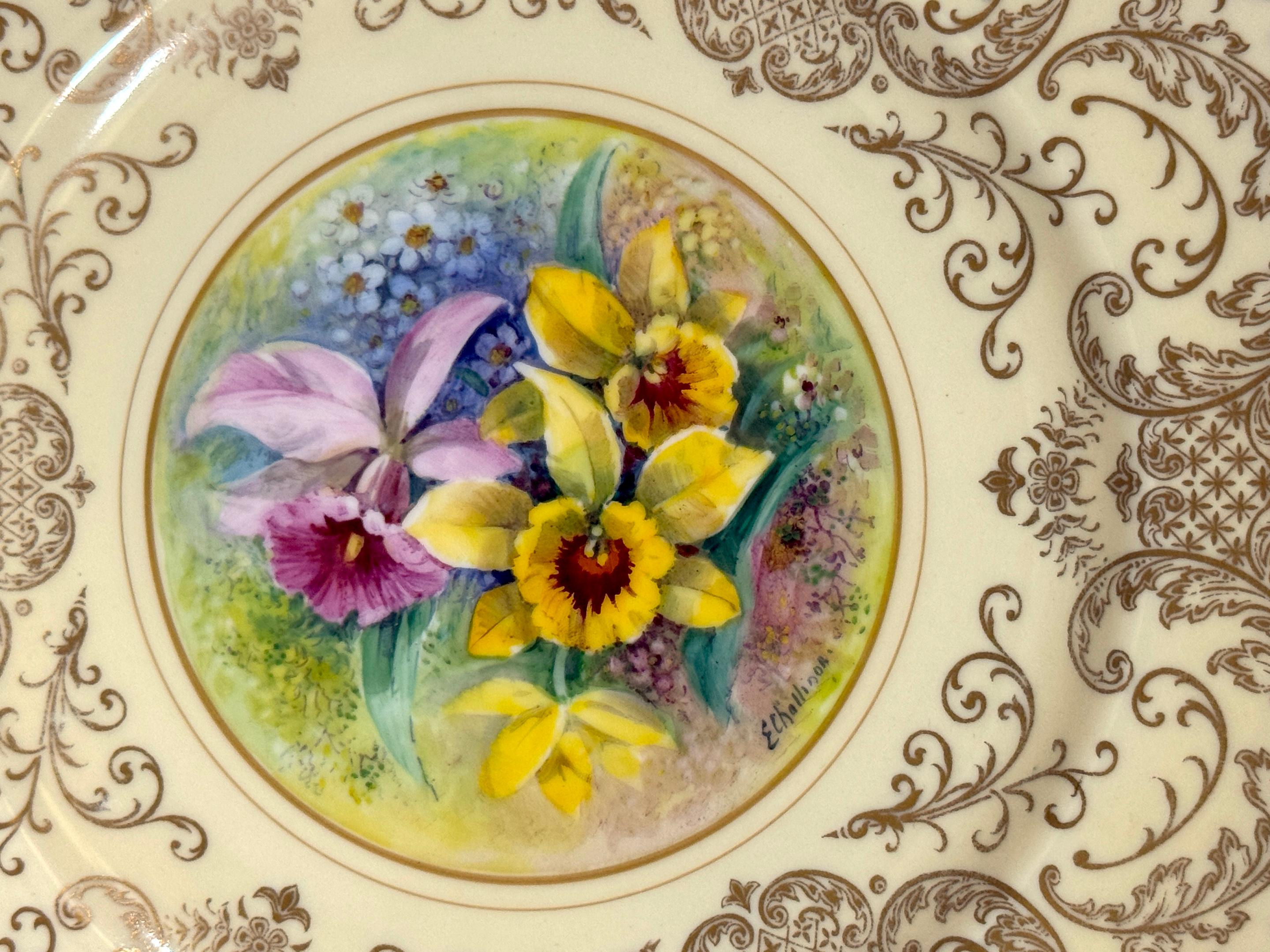 Porcelain 8 Orchid Conservatory Service Plates Painted and Signed E. Challinor for Pickard For Sale