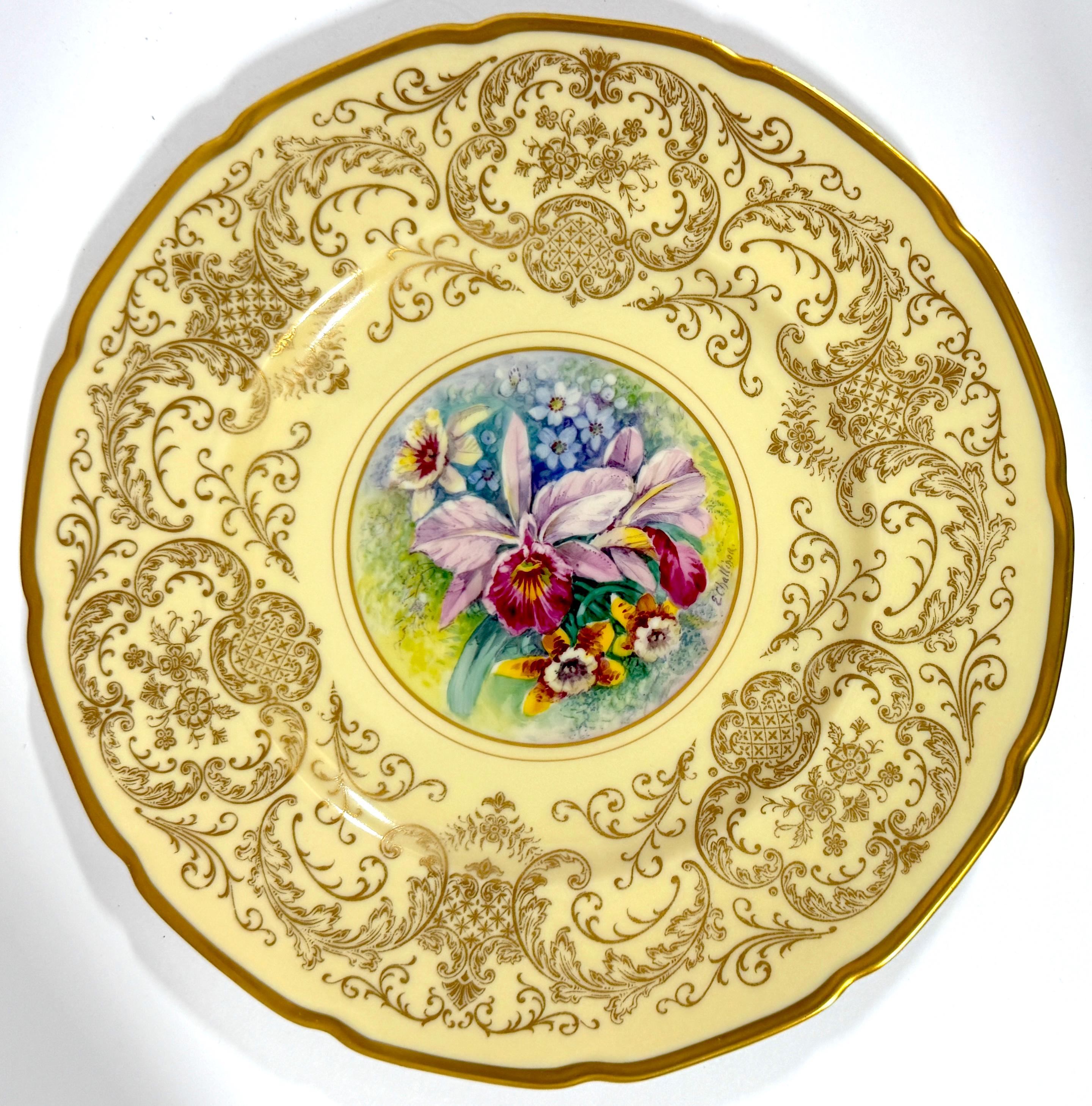 8 Orchid Conservatory Service Plates Painted and Signed E. Challinor for Pickard For Sale 1