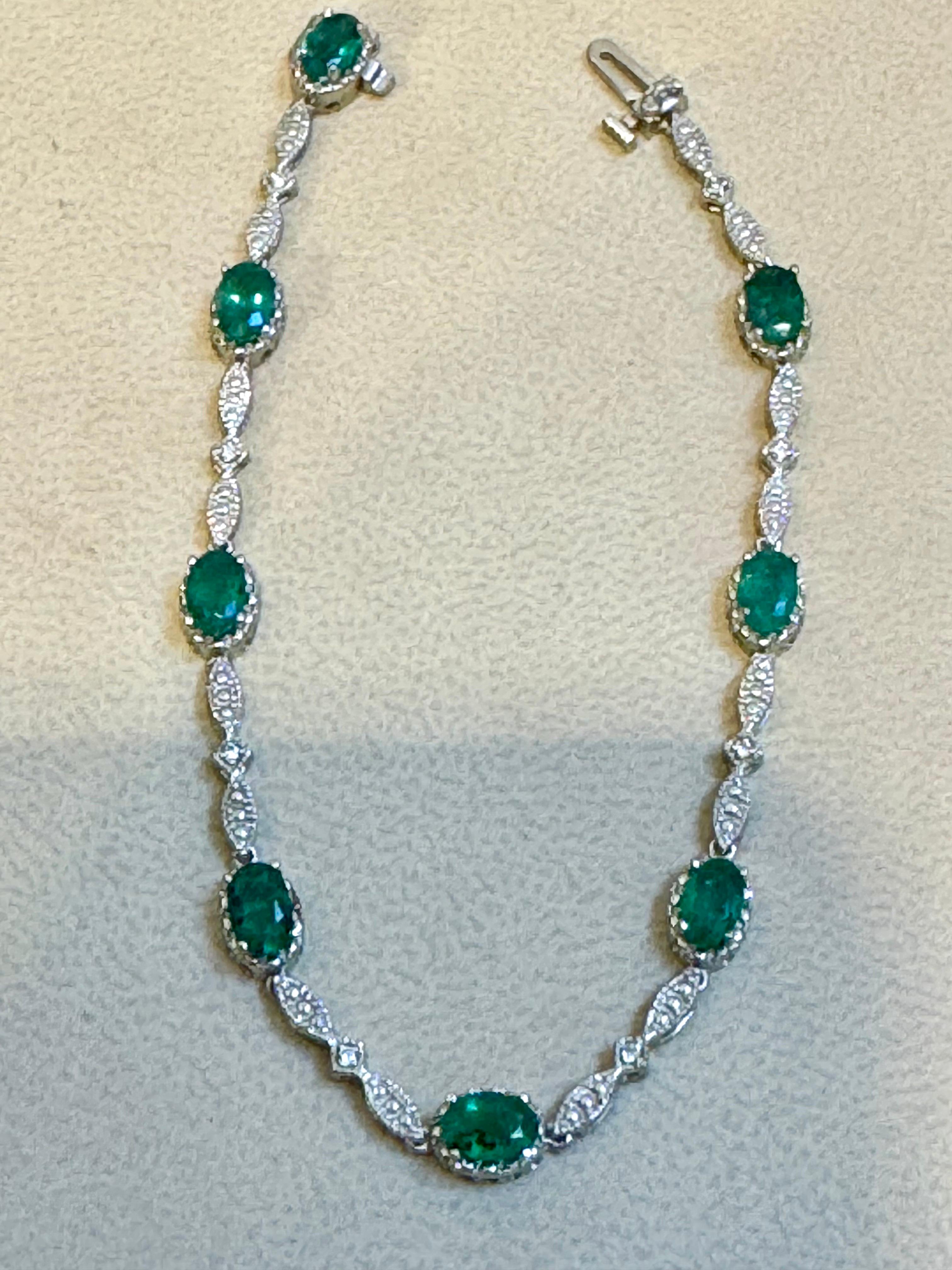  This exceptionally affordable Tennis  bracelet has 8 stones of oval  Emeralds  . Each Emerald is spaced by a diamond look like links.  
 Total weight of Emerald is  Approximately 3.2 carat. 
there are no diamonds , just simple and elegant