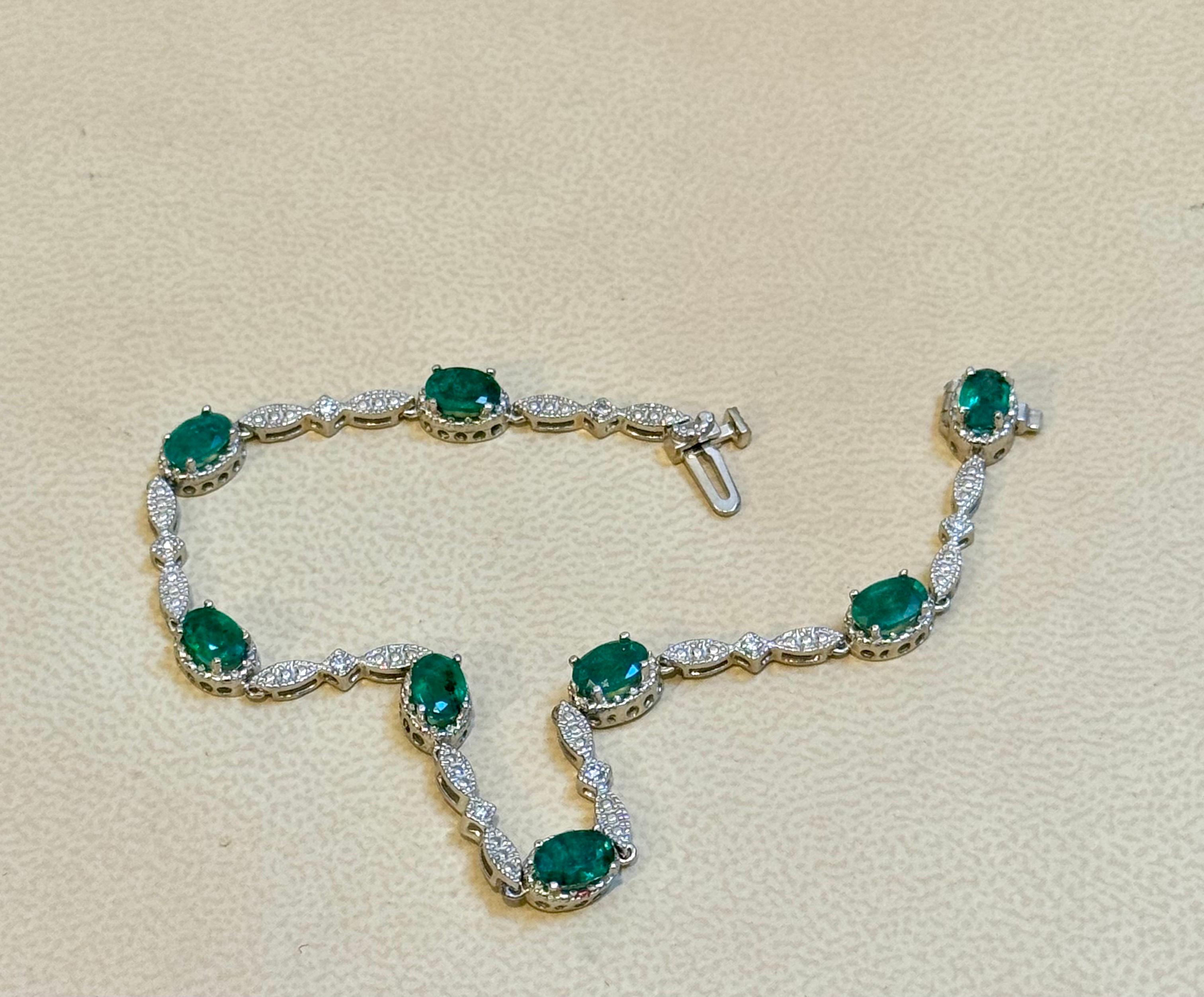 Women's 8 Oval Emeralds 3.2 Carat Emerald Tennis Bracelet 14 Karat White Gold, 7 