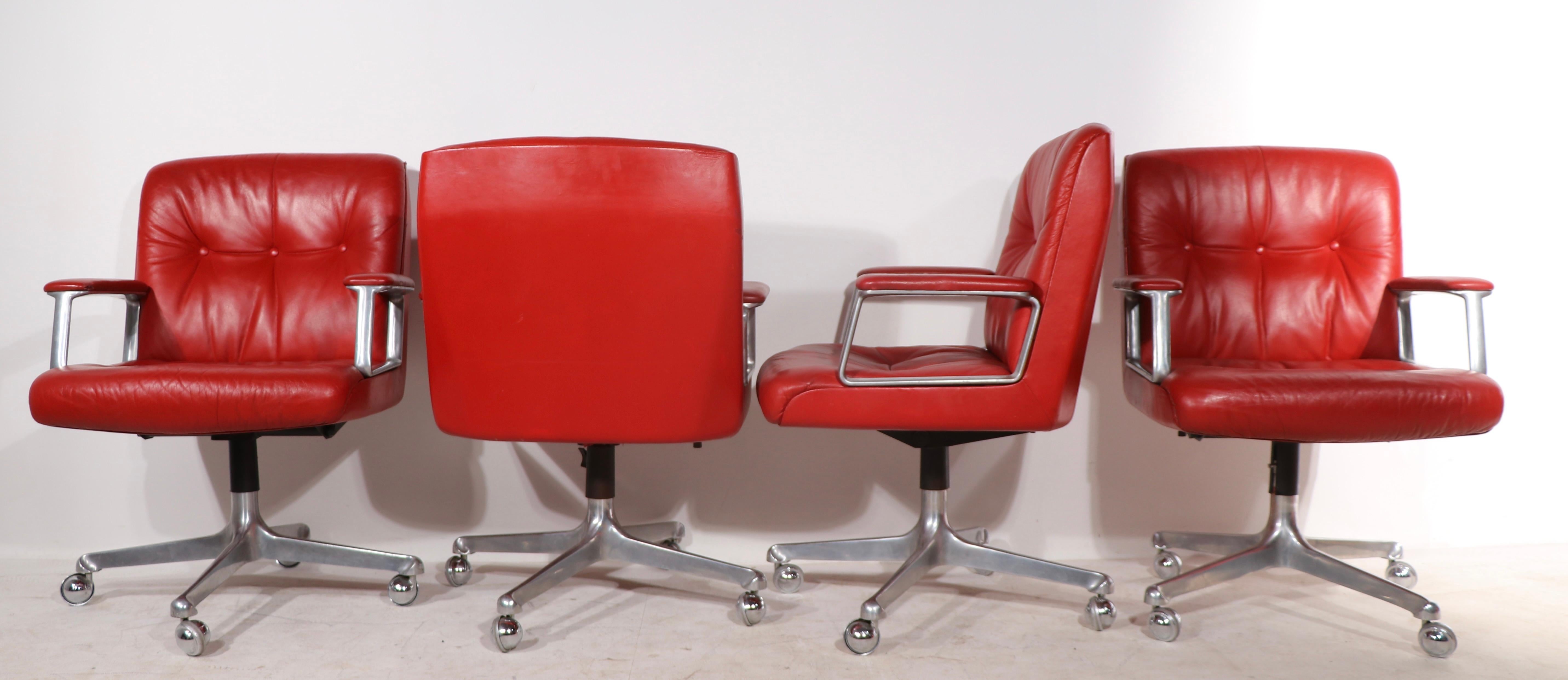 8 P128 Borsani Swivel Desk Chairs in Lipstick Red Leather Upholstery  3