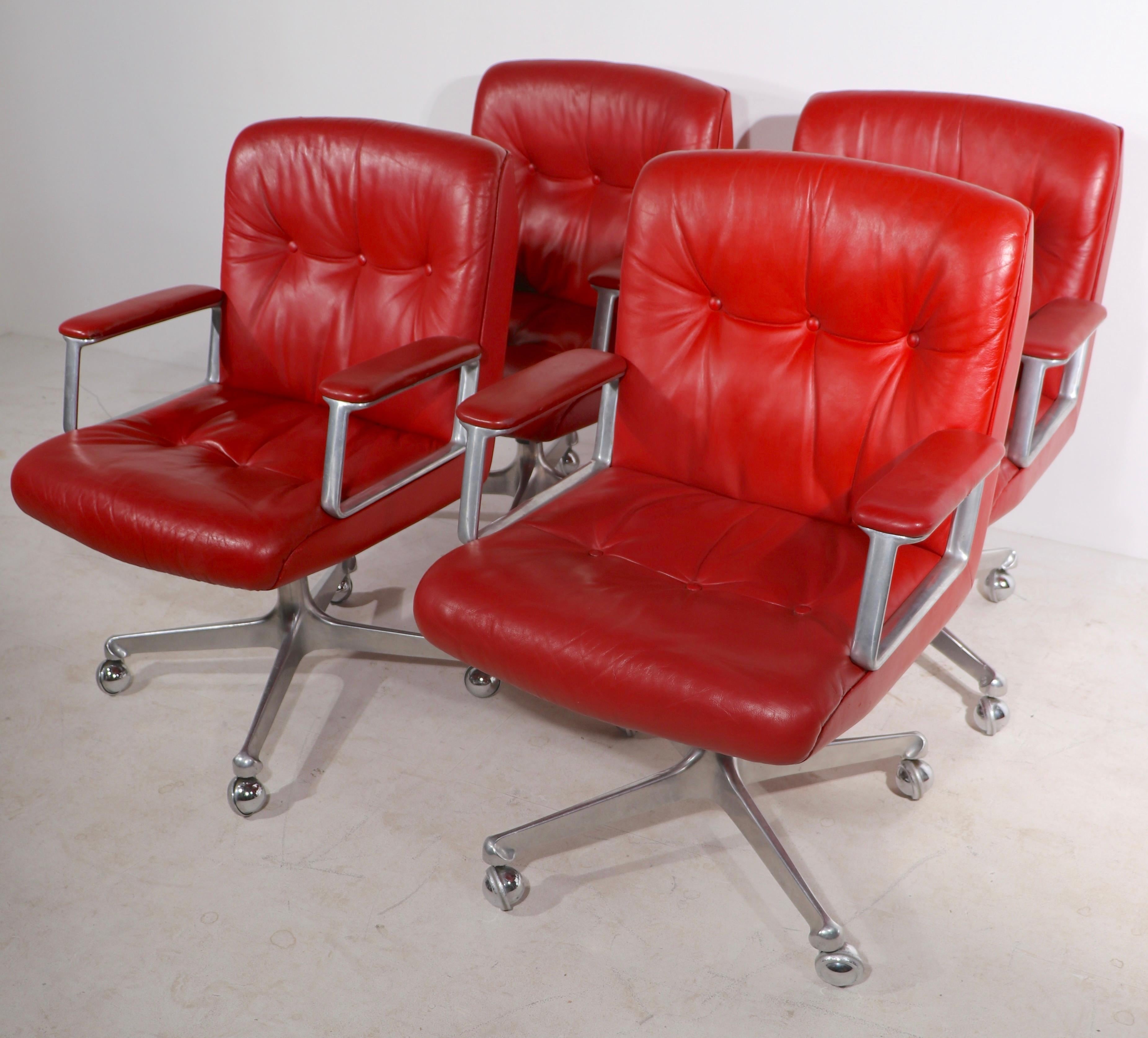 Post-Modern 8 P128 Borsani Swivel Desk Chairs in Lipstick Red Leather Upholstery 