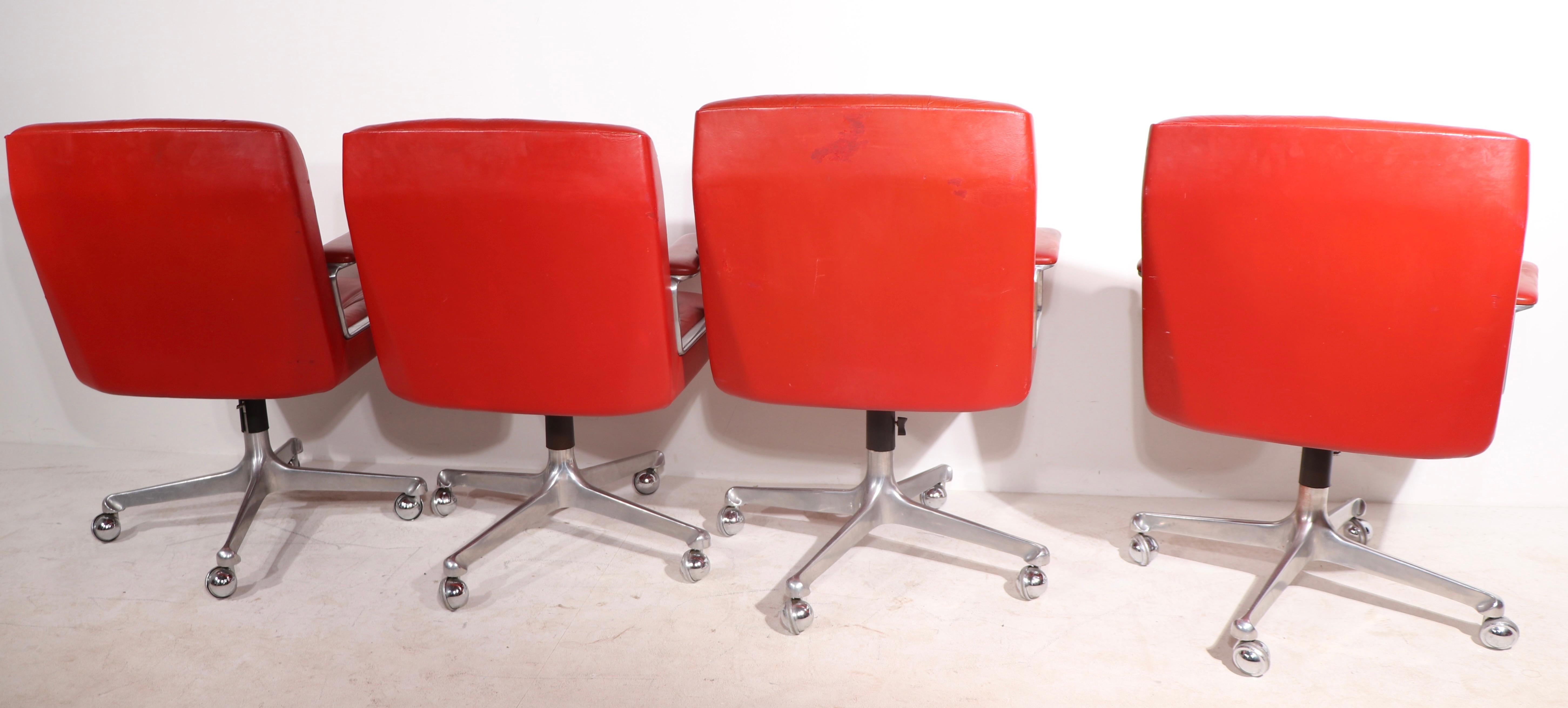 Italian 8 P128 Borsani Swivel Desk Chairs in Lipstick Red Leather Upholstery 