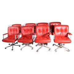 Vintage 8 P128 Borsani Swivel Desk Chairs in Lipstick Red Leather Upholstery 