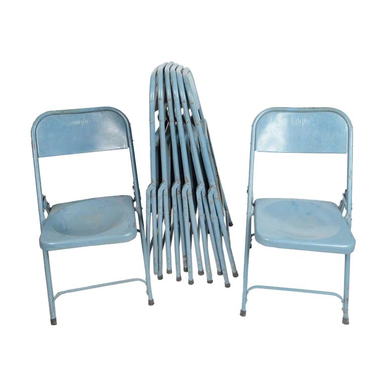 1950s France Eight Painted Blue Metal Chairs Indoor and Outdoor by Unique